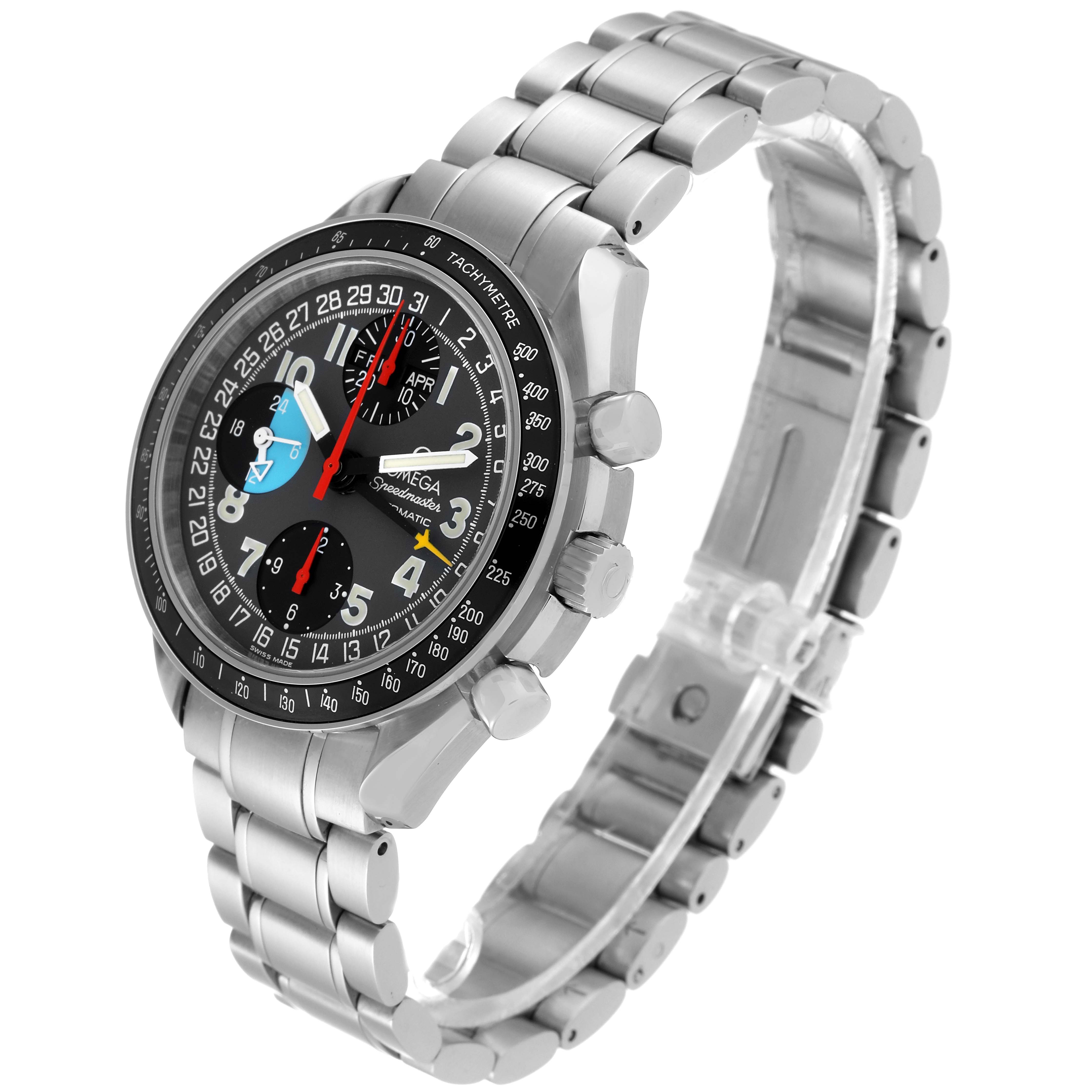 The image shows a side angle view of the Omega Speedmaster 3520.53.00 Men
s Stainless Steel Black Dial 3520.53.00 Men
s Stainless Steel Black Dial watch, highlighting the face, bezel, crown, pushers, and bracelet.