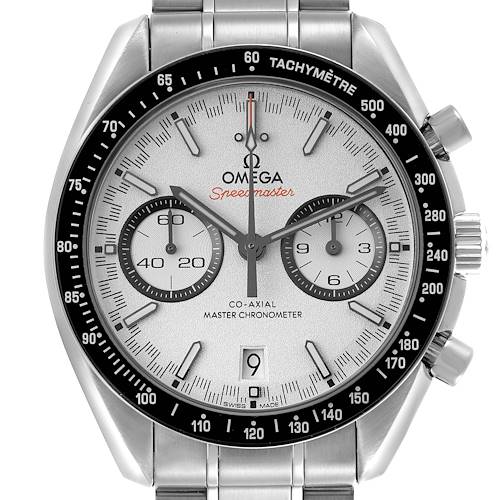 The image shows a front view of the Omega Speedmaster, highlighting the dial and tachymeter bezel.