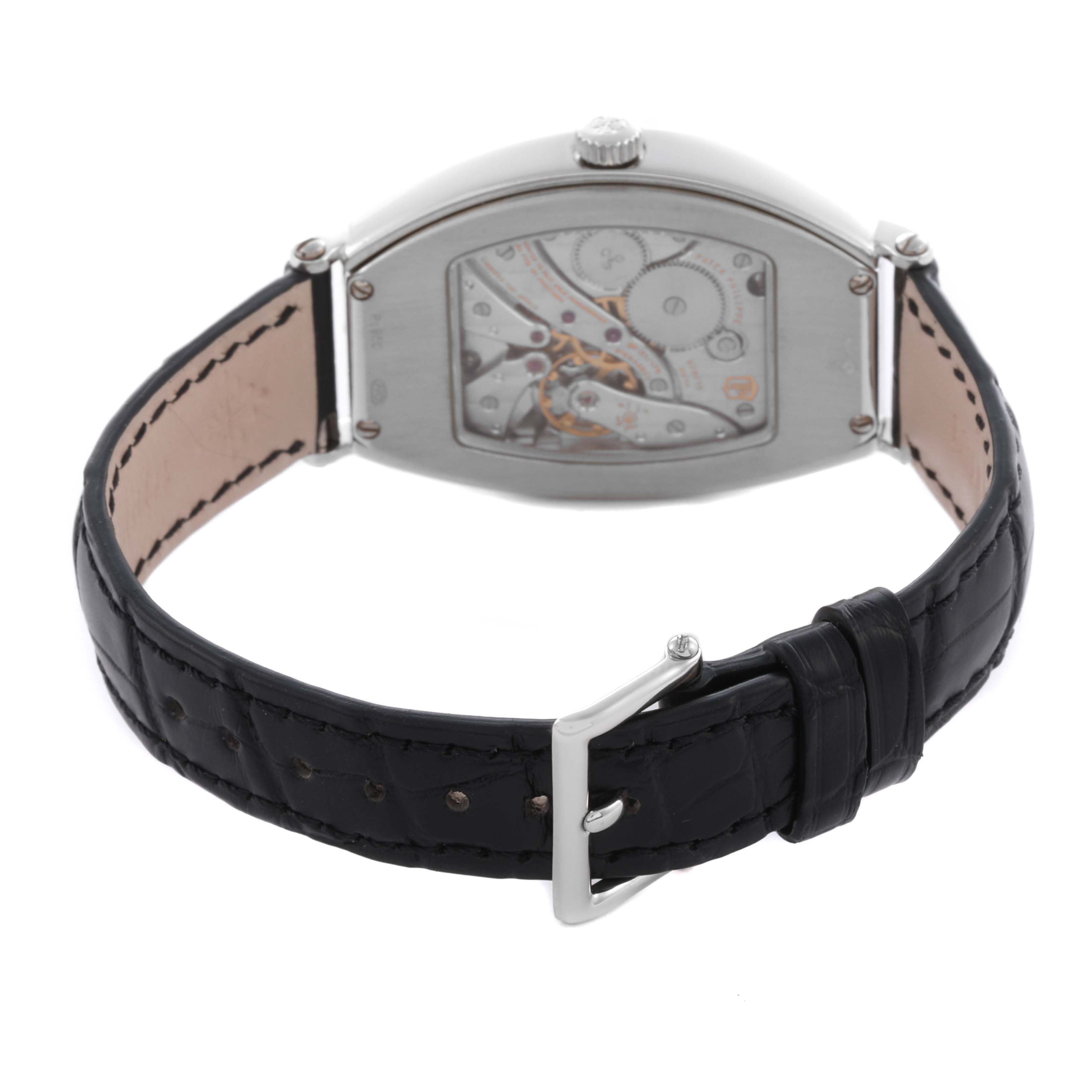 The Patek Philippe Gondolo 5098P-001 Men's Platinum Silver Dial 5098P-001 Men's Platinum Silver Dial watch is shown from the back, highlighting the movement and black leather strap with a buckle.