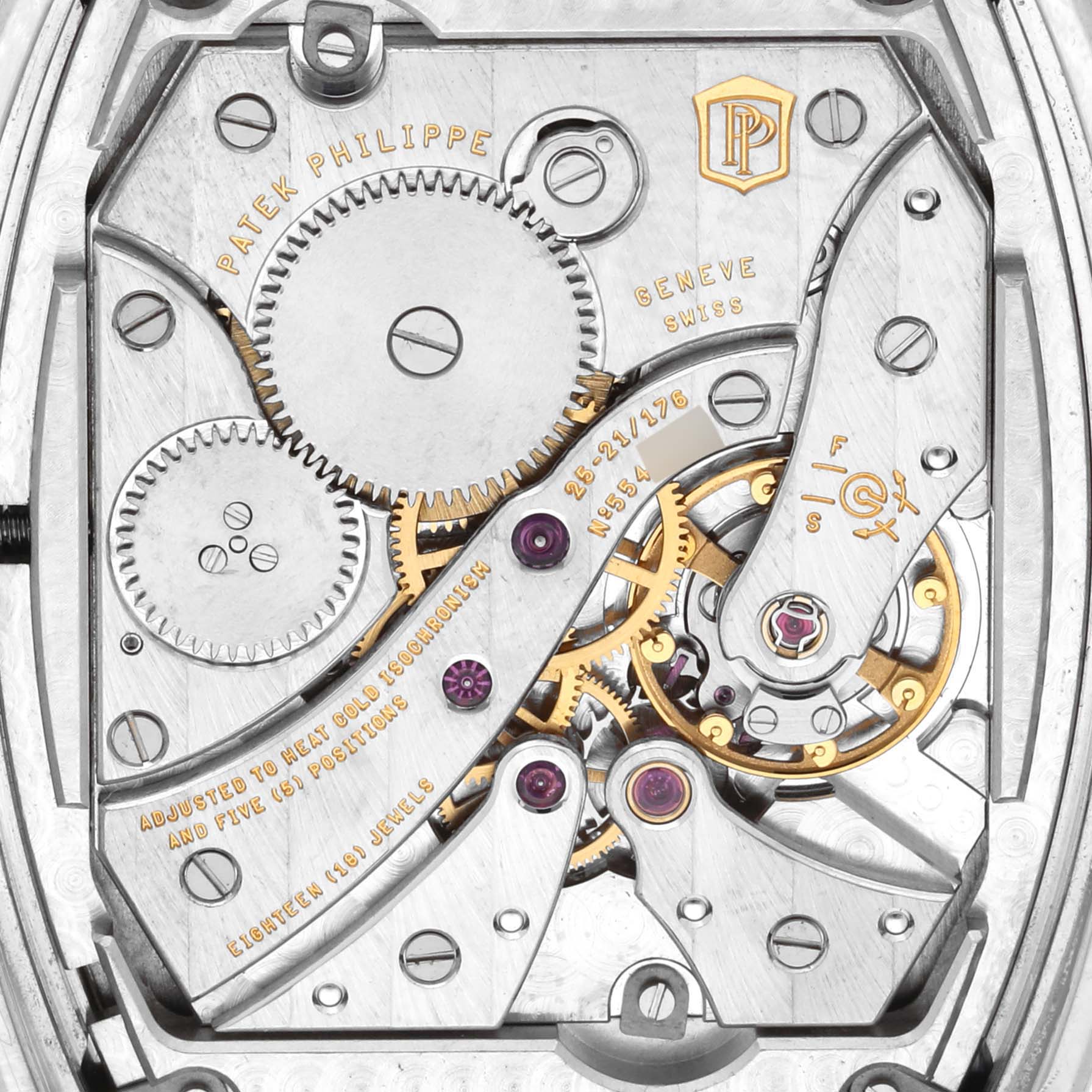 The image shows the intricate movement of a Patek Philippe Gondolo 5098P-001 Men's Platinum Silver Dial 5098P-001 Men's Platinum Silver Dial watch, highlighting gears and jewels from a top-down angle.