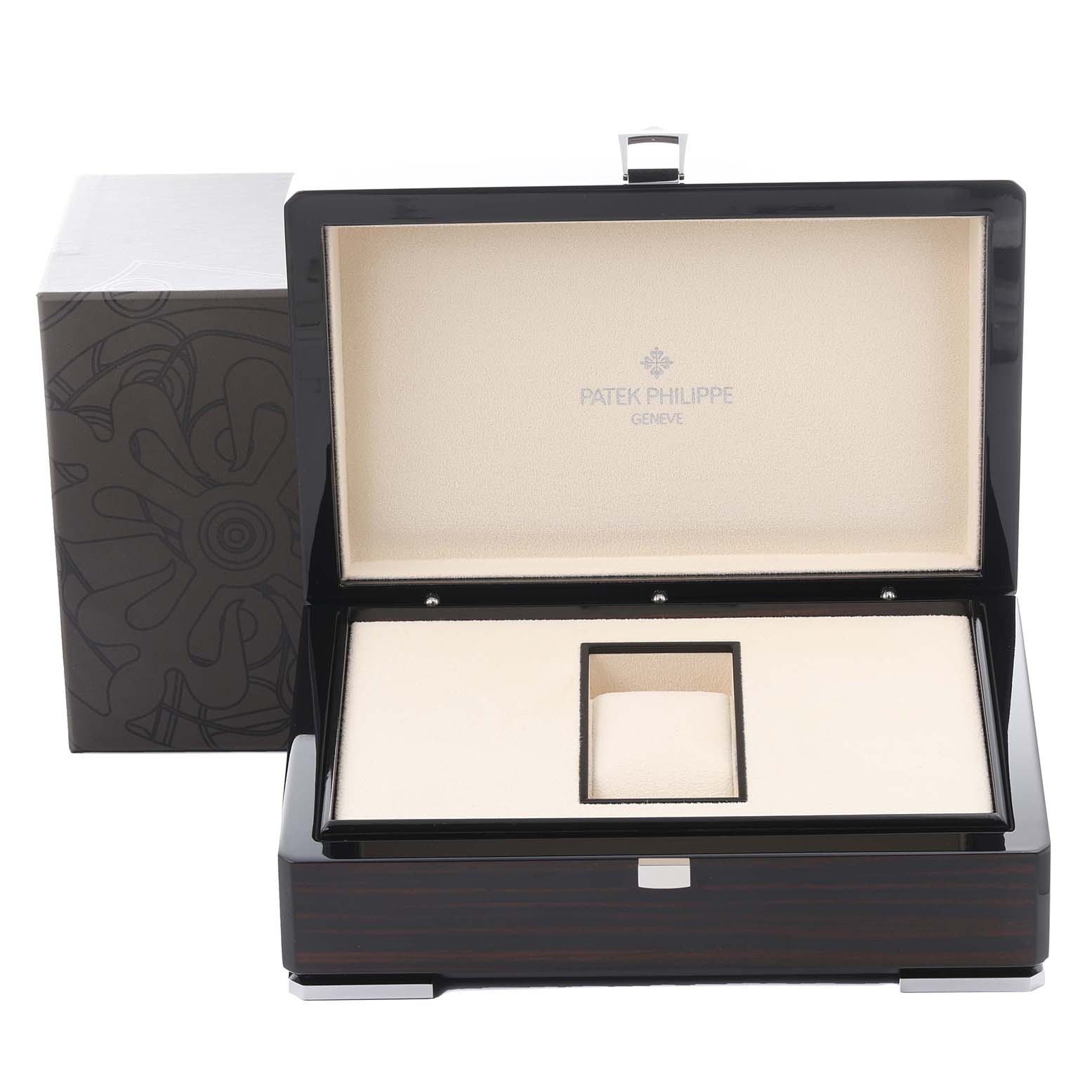 The image shows an open box for the Patek Philippe Gondolo 5098P-001 Men's Platinum Silver Dial 5098P-001 Men's Platinum Silver Dial watch, featuring a padded interior and branding.