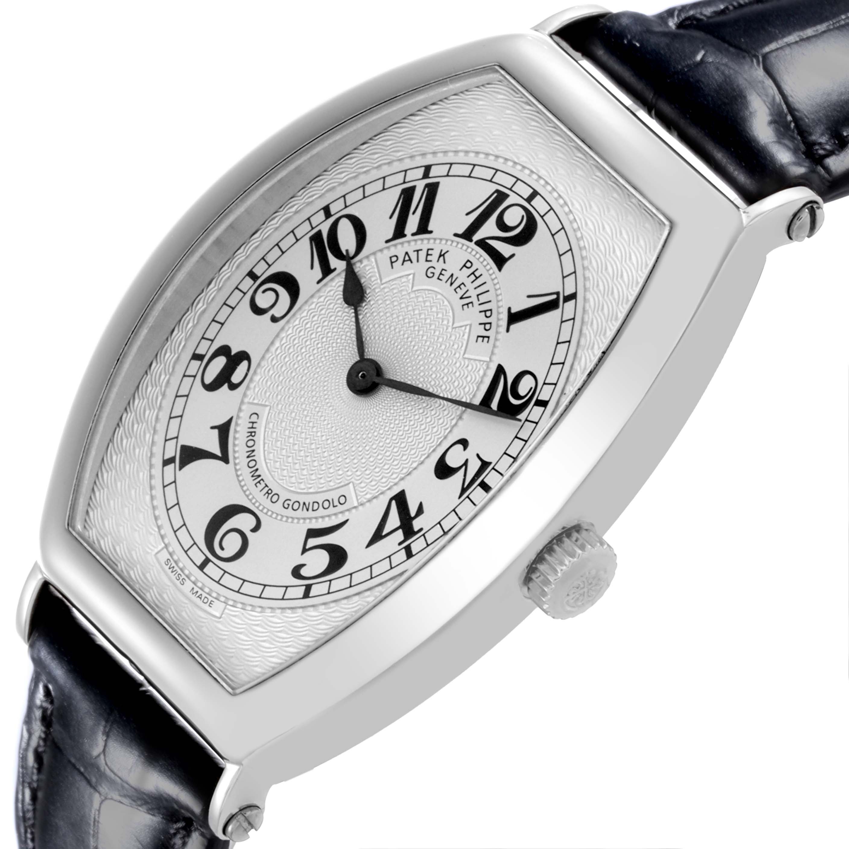The image shows a Patek Philippe Gondolo 5098P-001 Men's Platinum Silver Dial 5098P-001 Men's Platinum Silver Dial watch at a three-quarter angle, highlighting the face, casing, strap, and crown.