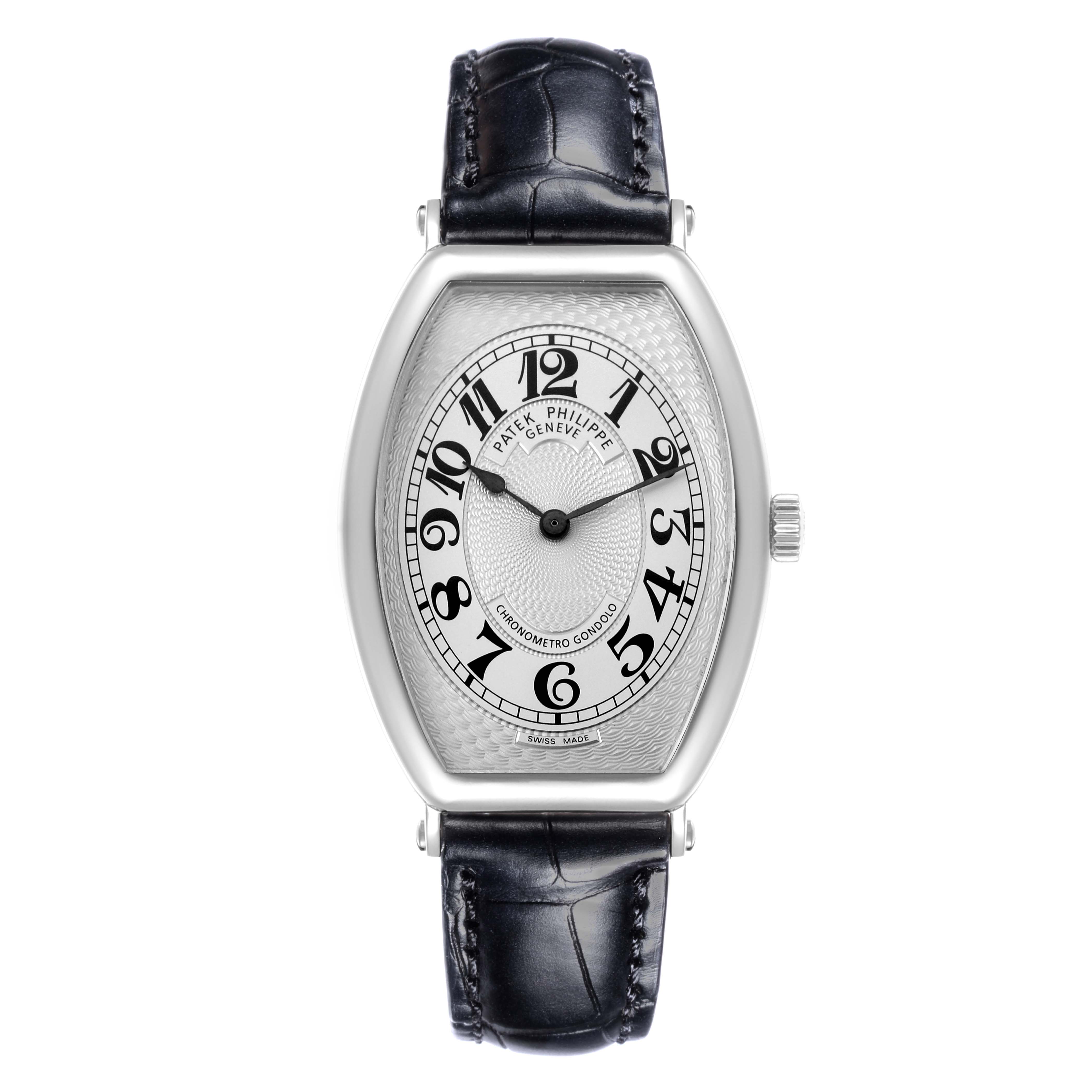 The Patek Philippe Gondolo 5098P-001 Men's Platinum Silver Dial 5098P-001 Men's Platinum Silver Dial watch is shown from the top, displaying the face, case, crown, and full leather strap.