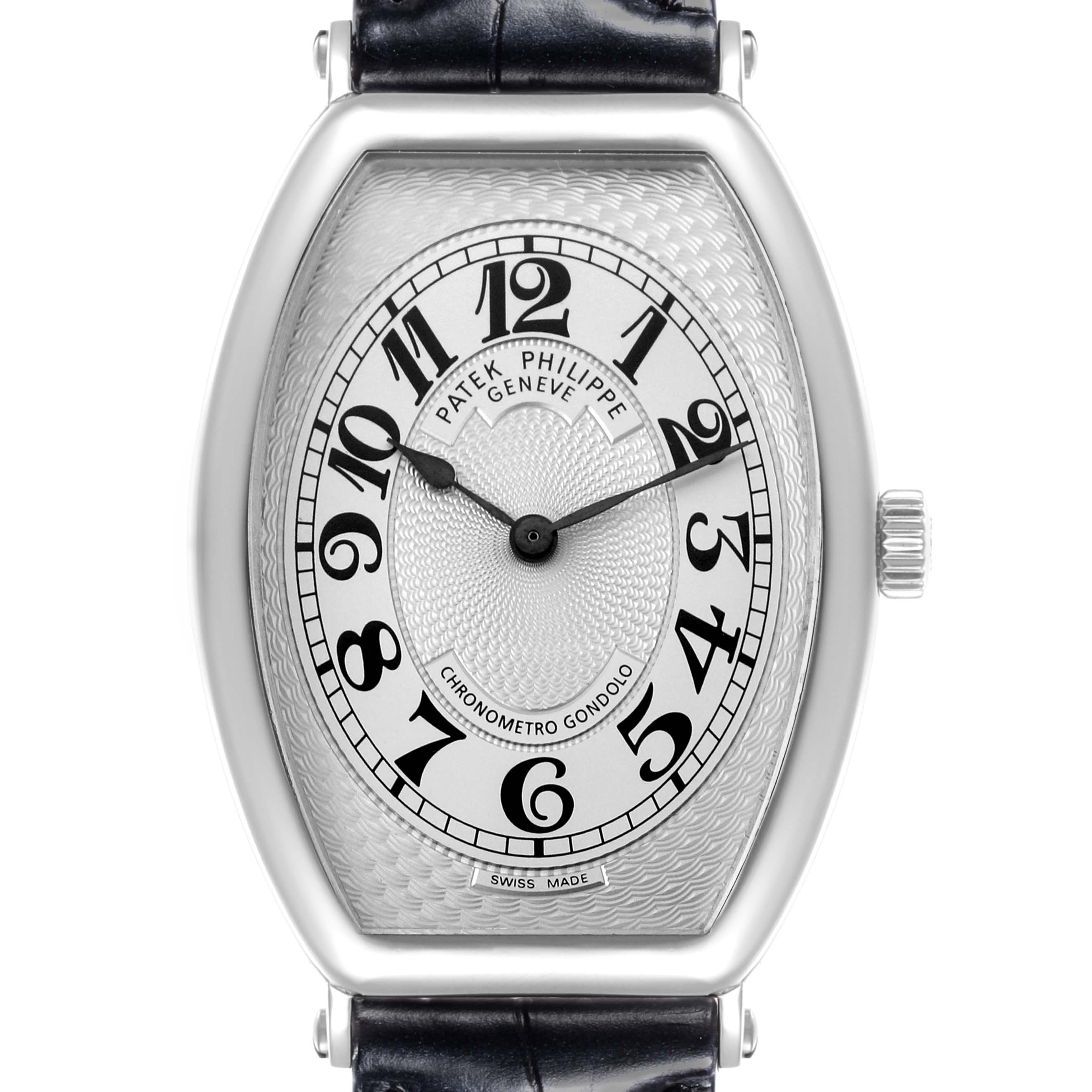 The image shows a frontal view of a Patek Philippe Gondolo 5098P-001 Men's Platinum Silver Dial 5098P-001 Men's Platinum Silver Dial watch, highlighting the face, numerals, and bezel, with part of the strap visible.