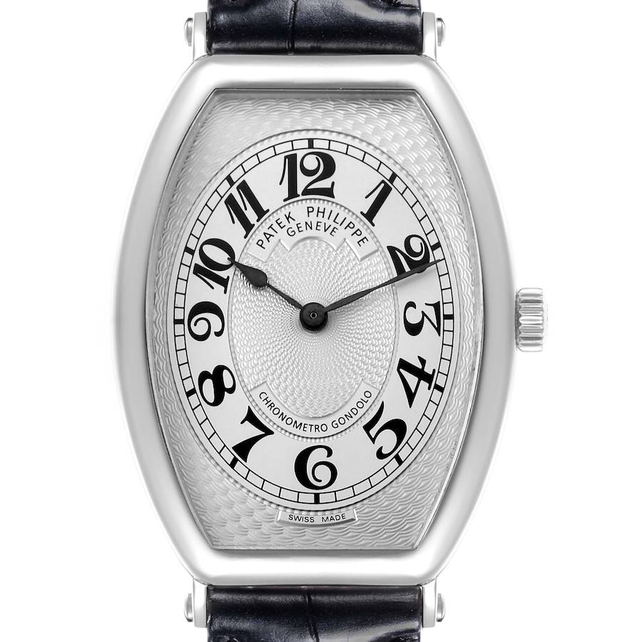 The image shows a frontal view of a Patek Philippe Gondolo watch, highlighting the face, numerals, and bezel, with part of the strap visible.