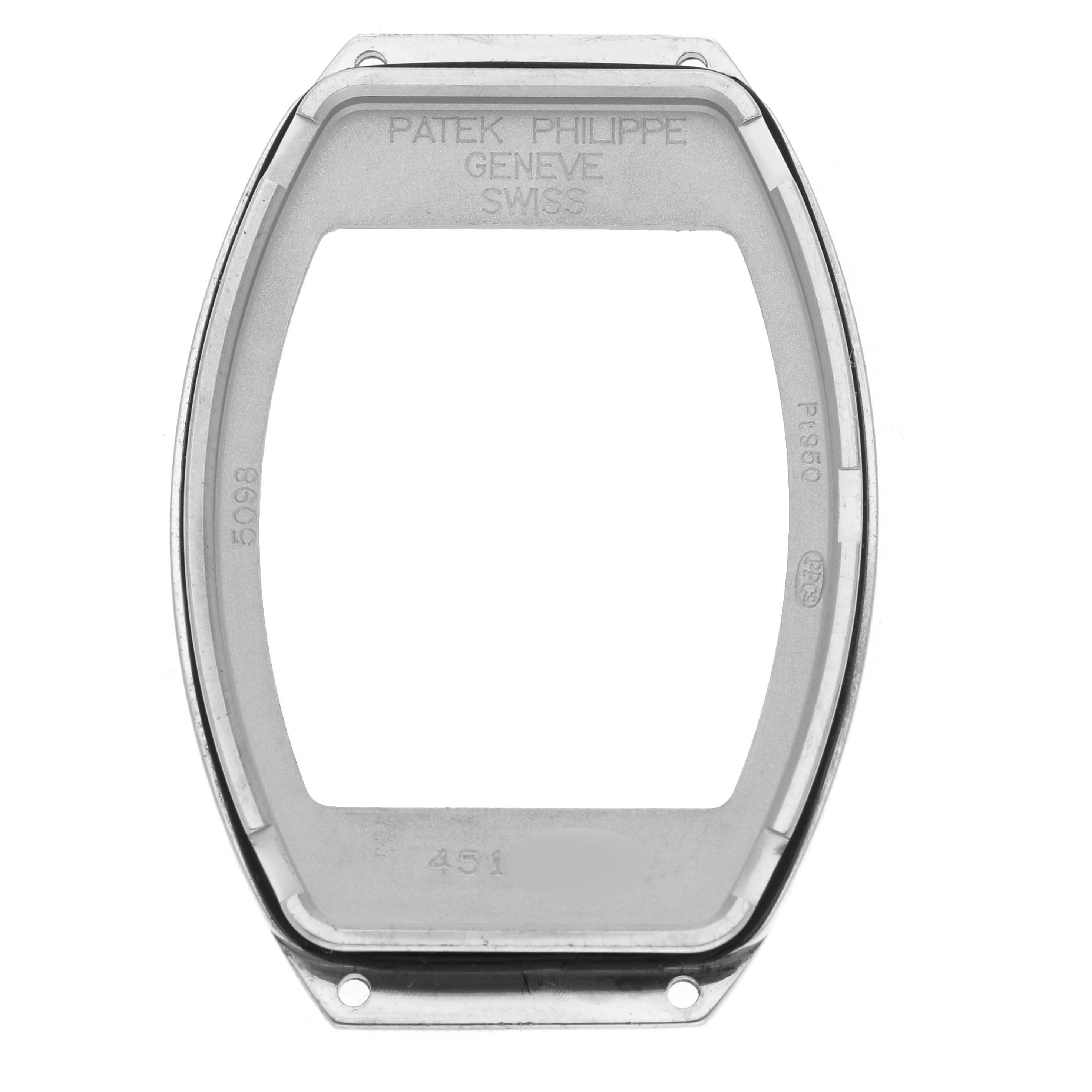 The image shows the front view of the case back for a Patek Philippe Gondolo 5098P-001 Men's Platinum Silver Dial 5098P-001 Men's Platinum Silver Dial watch.