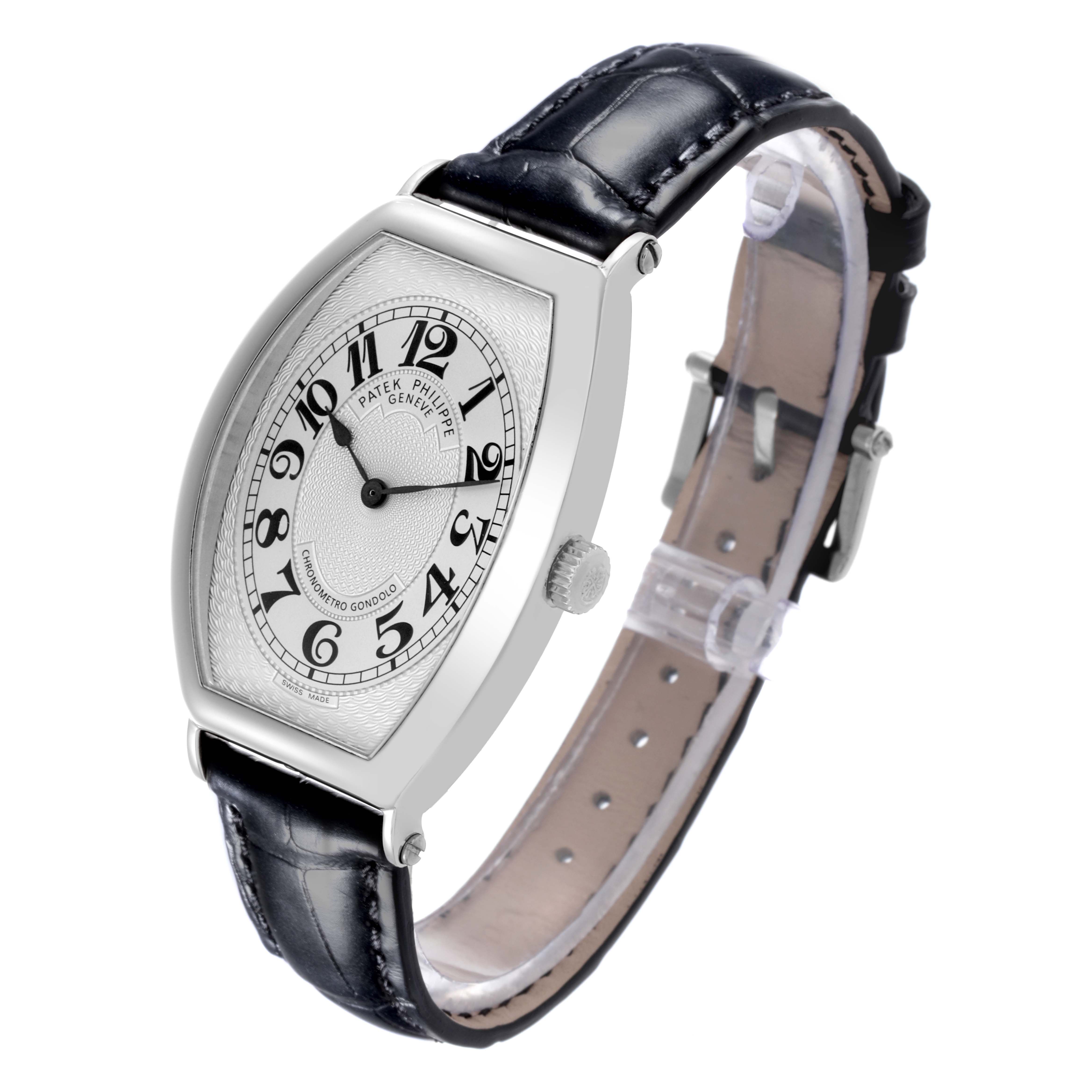 The Patek Philippe Gondolo 5098P-001 Men's Platinum Silver Dial 5098P-001 Men's Platinum Silver Dial watch is shown at a slight angle, highlighting the face, crown, and leather strap.