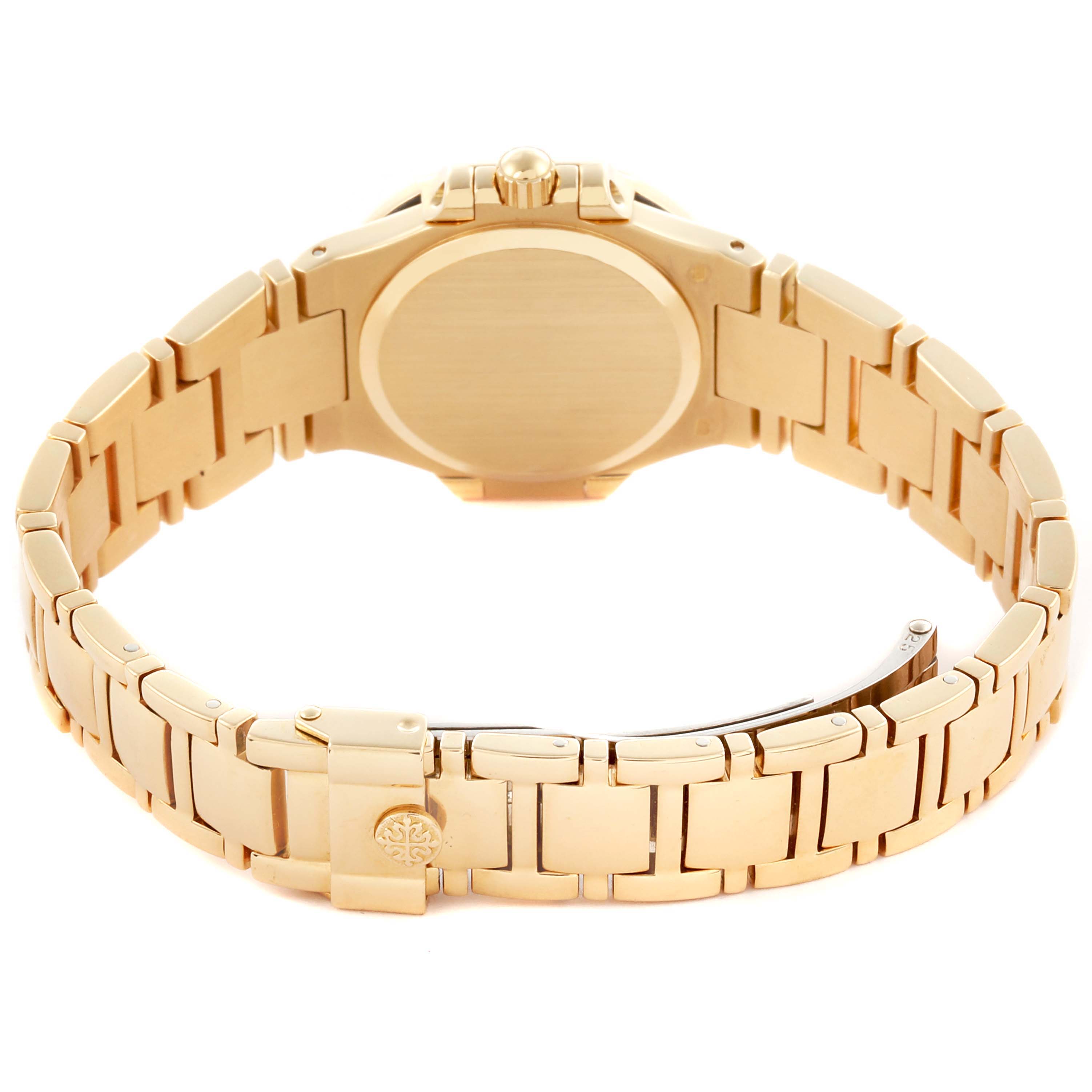 The Patek Philippe Nautilus 4700/153 Women's Yellow Gold Champagne Dial 4700/153 Women's Yellow Gold Champagne Dial watch is shown from the back highlighting the case back, crown, and bracelet with its clasp.