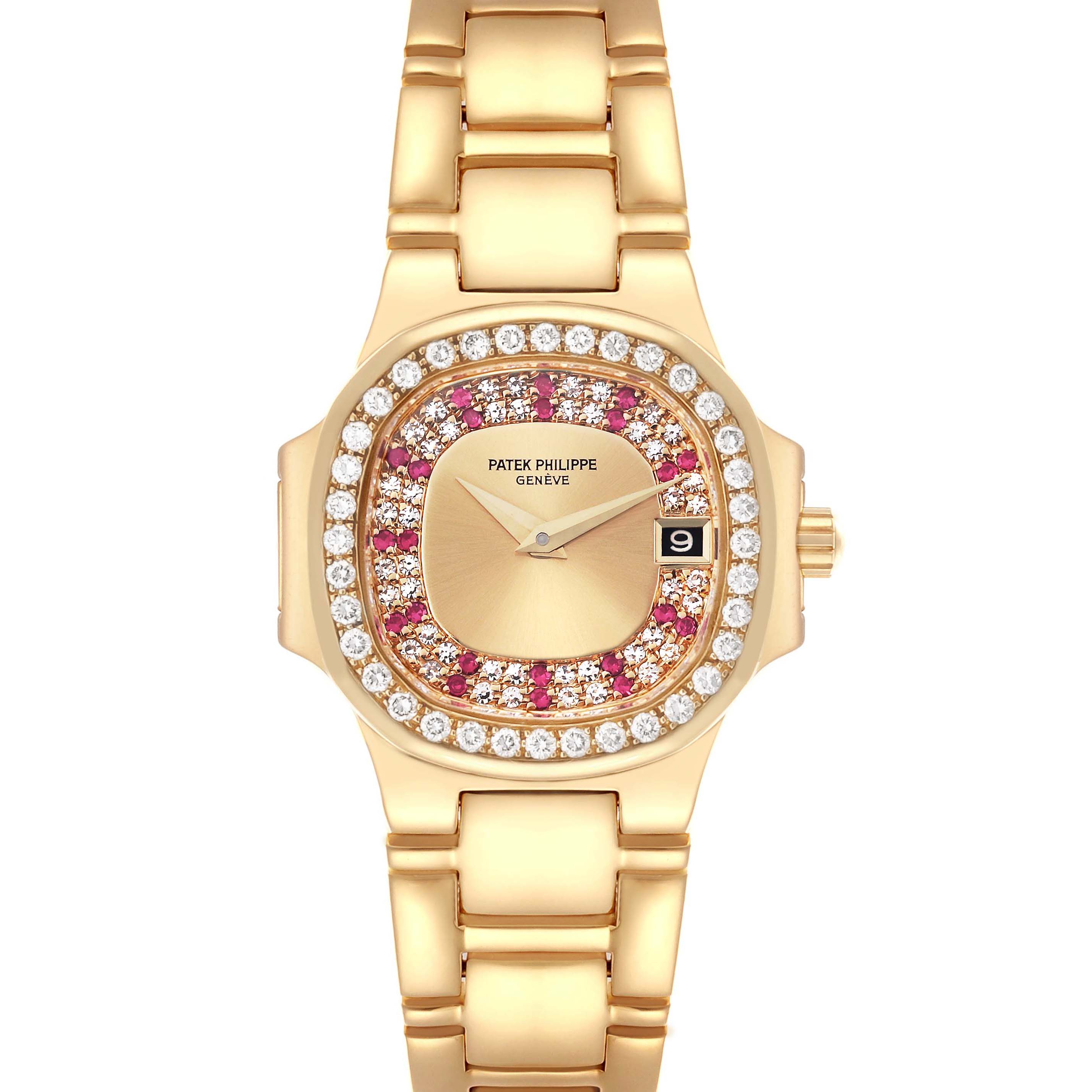 The Patek Philippe Nautilus 4700/153 Women's Yellow Gold Champagne Dial 4700/153 Women's Yellow Gold Champagne Dial watch is shown from a front angle, featuring its gold bracelet and gem-encrusted bezel.