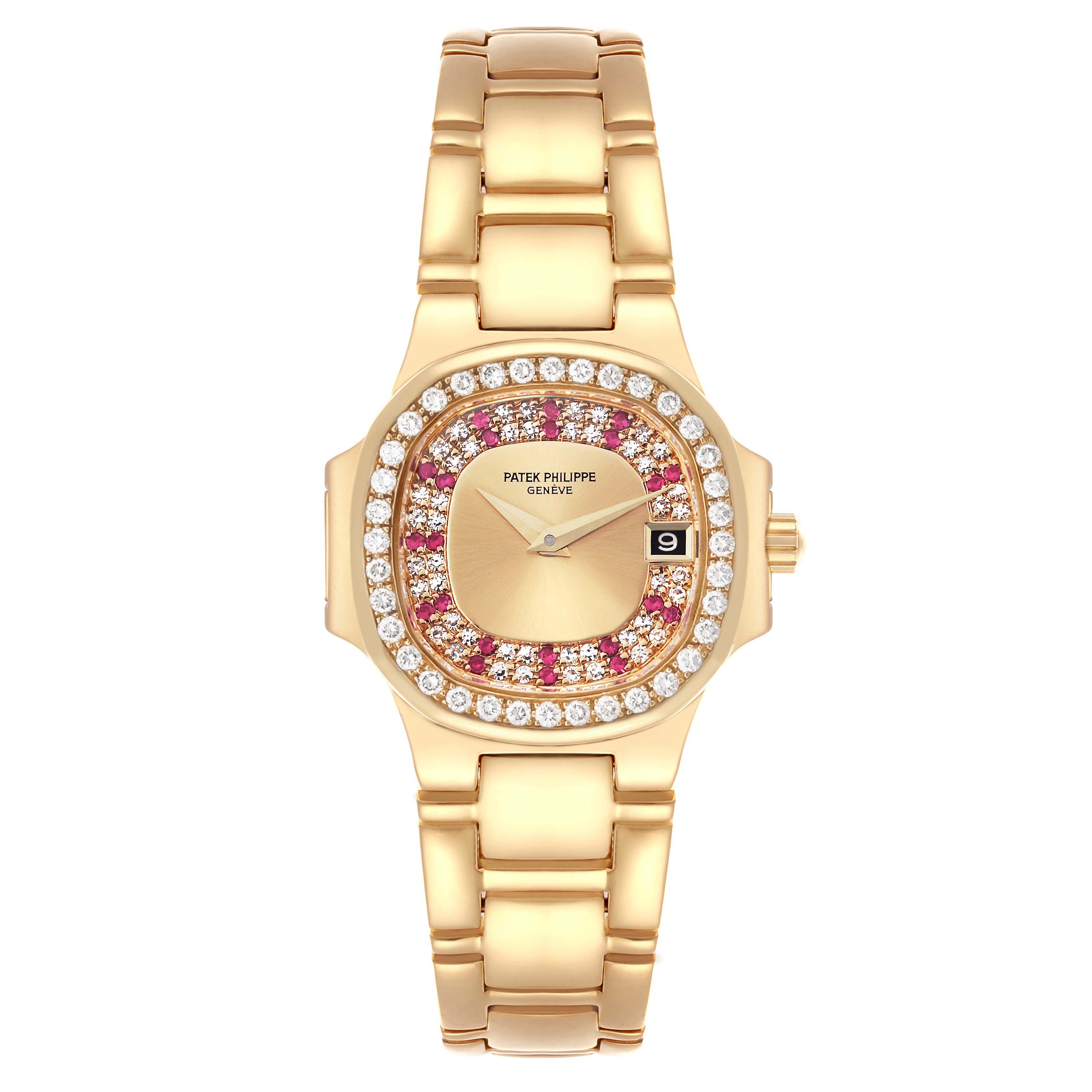 The Patek Philippe Nautilus 4700/153 Women's Yellow Gold Champagne Dial 4700/153 Women's Yellow Gold Champagne Dial watch is shown from the front, displaying the dial, bezel, and bracelet in a straight-on view.