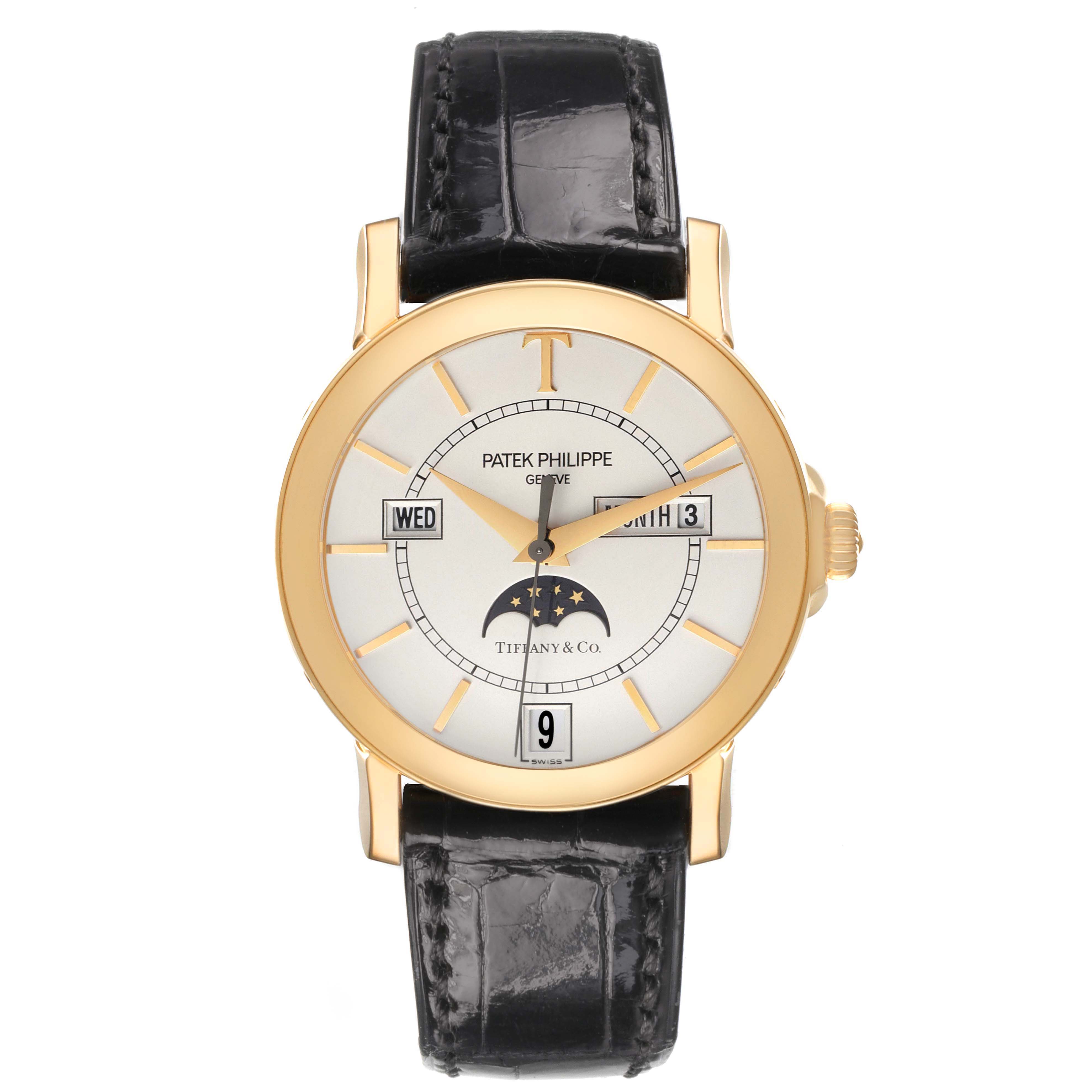 This image shows a frontal view of the Patek Philippe Complications 5150J Men's Yellow Gold Silver Dial watch, highlighting its dial, moon phase, and strap.