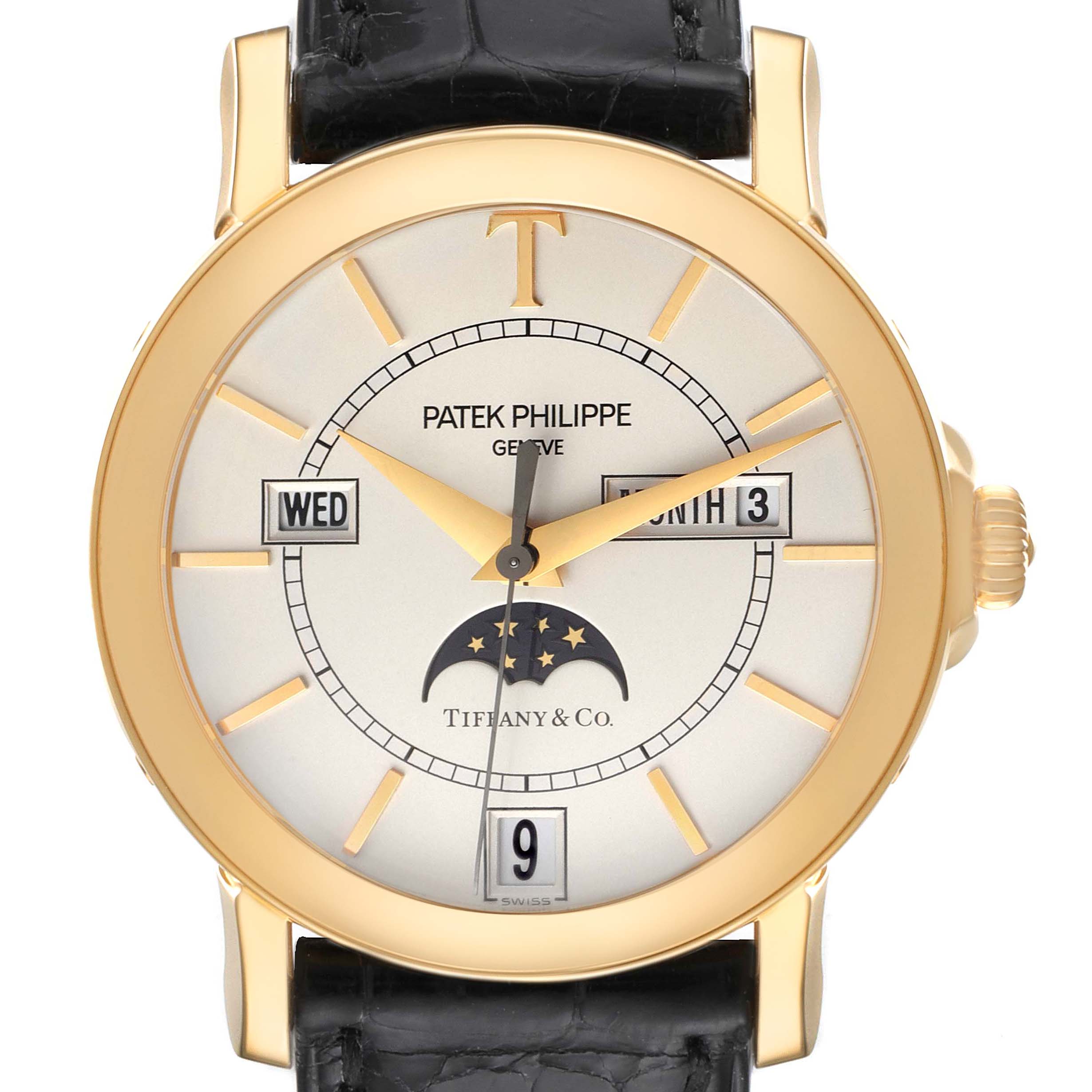 The image shows a frontal view of the Patek Philippe Complications 5150J Men's Yellow Gold Silver Dial 5150J Men's Yellow Gold Silver Dial model, displaying the dial, moon phase, and calendar functions.