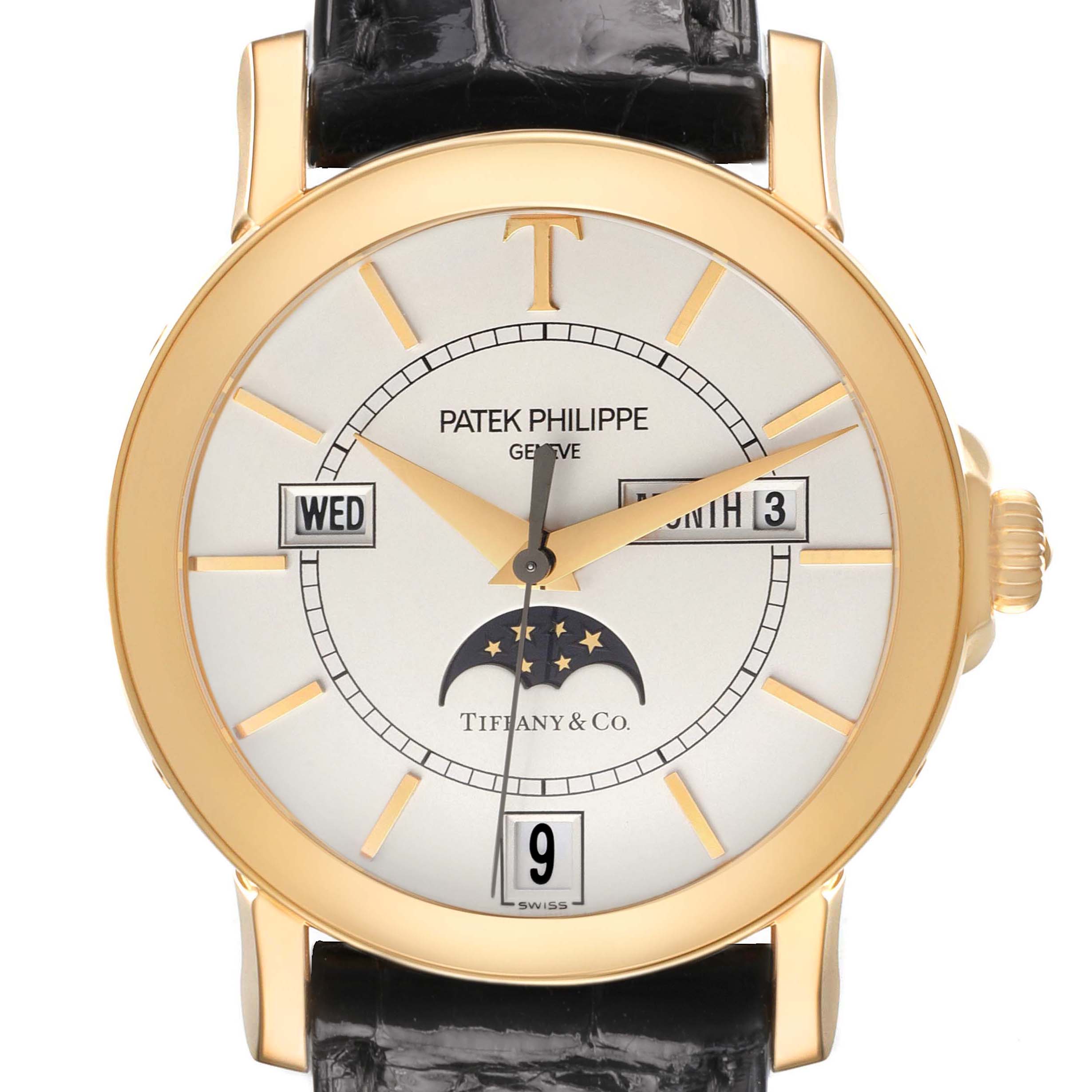 The Patek Philippe Complications 5150J Men's Yellow Gold Silver Dial watch is shown front-facing, displaying the dial, hands, and subdials with a leather strap.