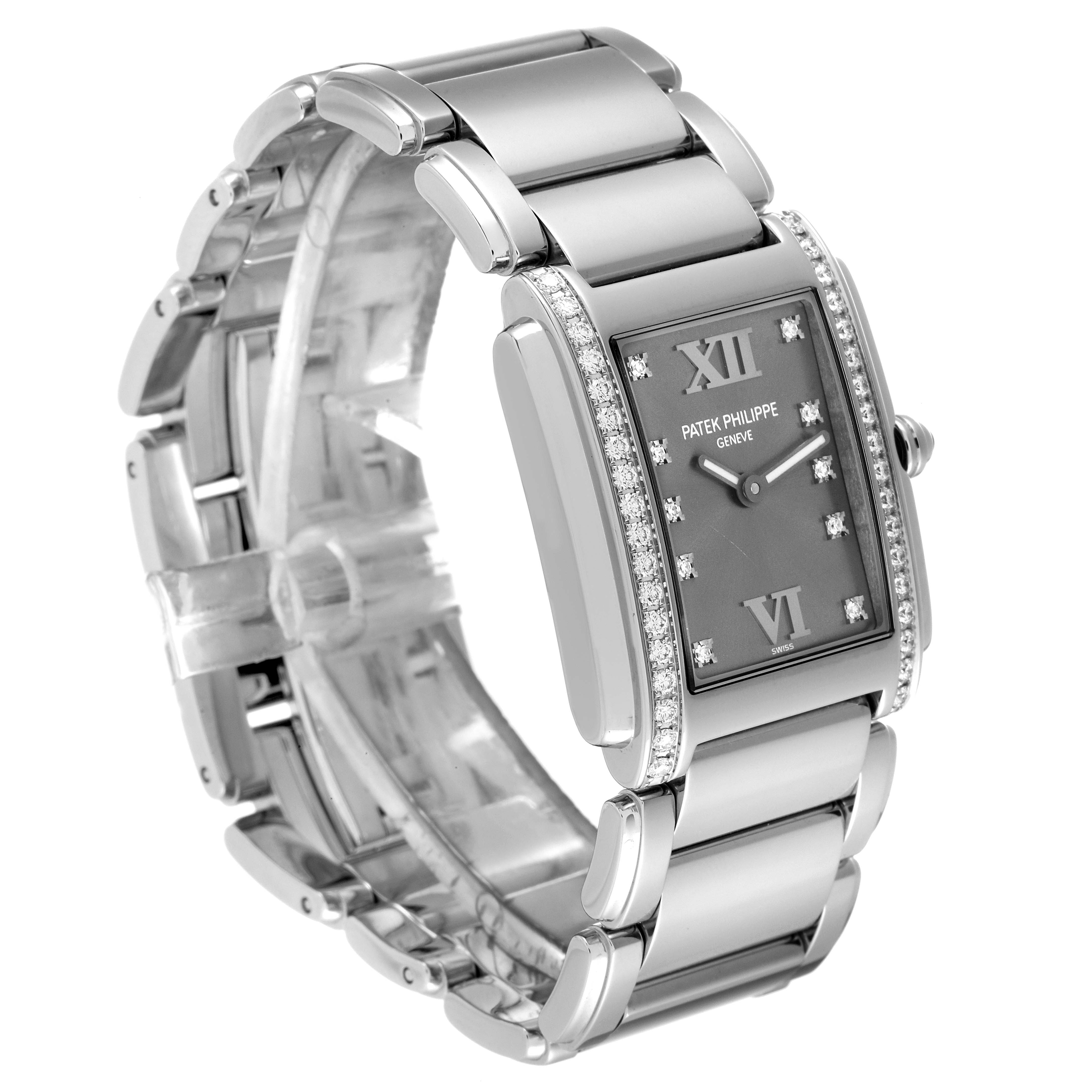 The image shows a side and angled top view of a Patek Philippe Twenty-4 4910 Women's Stainless Steel Grey Dial 4910 Women's Stainless Steel Grey Dial watch, highlighting the dial, bracelet, and diamond accents.