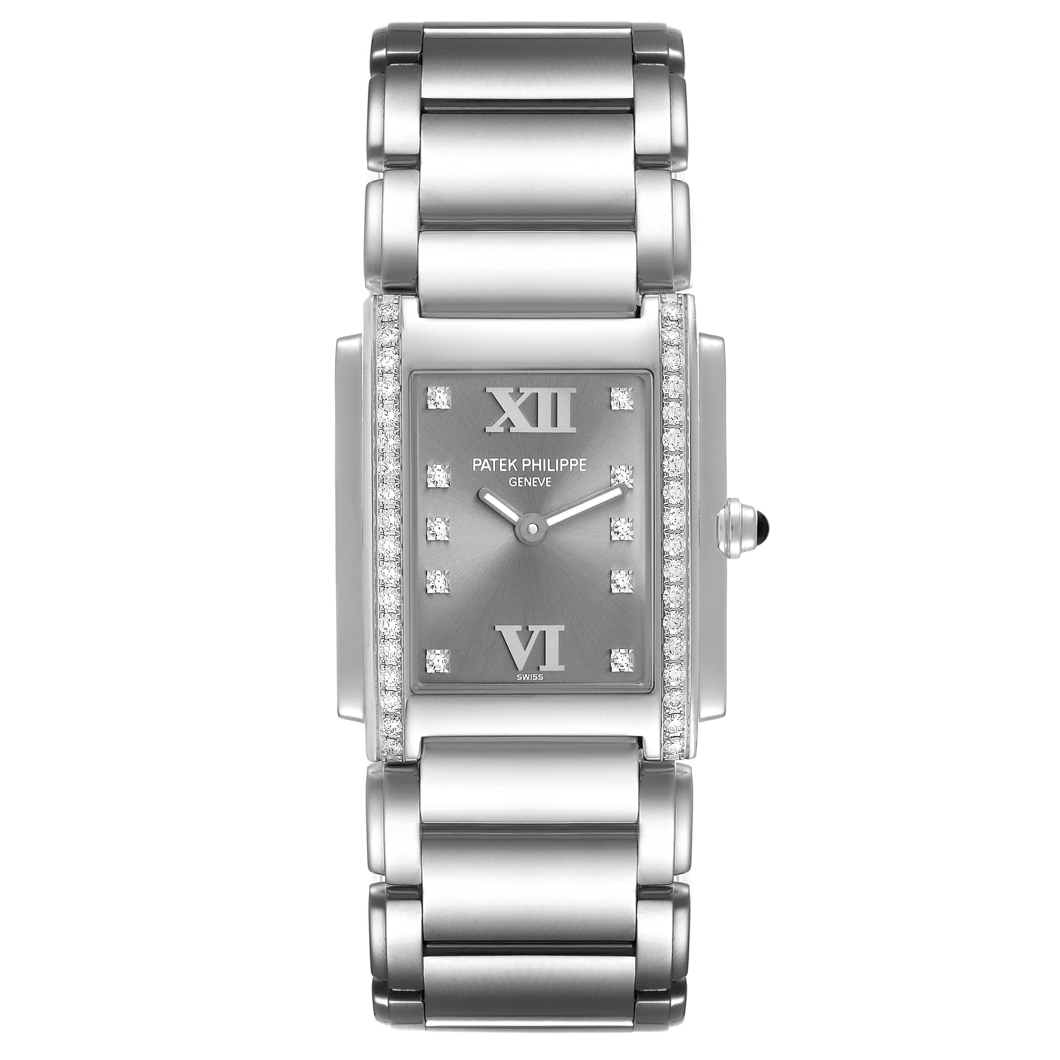 The image shows a frontal view of the Patek Philippe Twenty-4 4910 Women's Stainless Steel Grey Dial 4910 Women's Stainless Steel Grey Dial model watch, highlighting its face, bracelet, and diamond details.