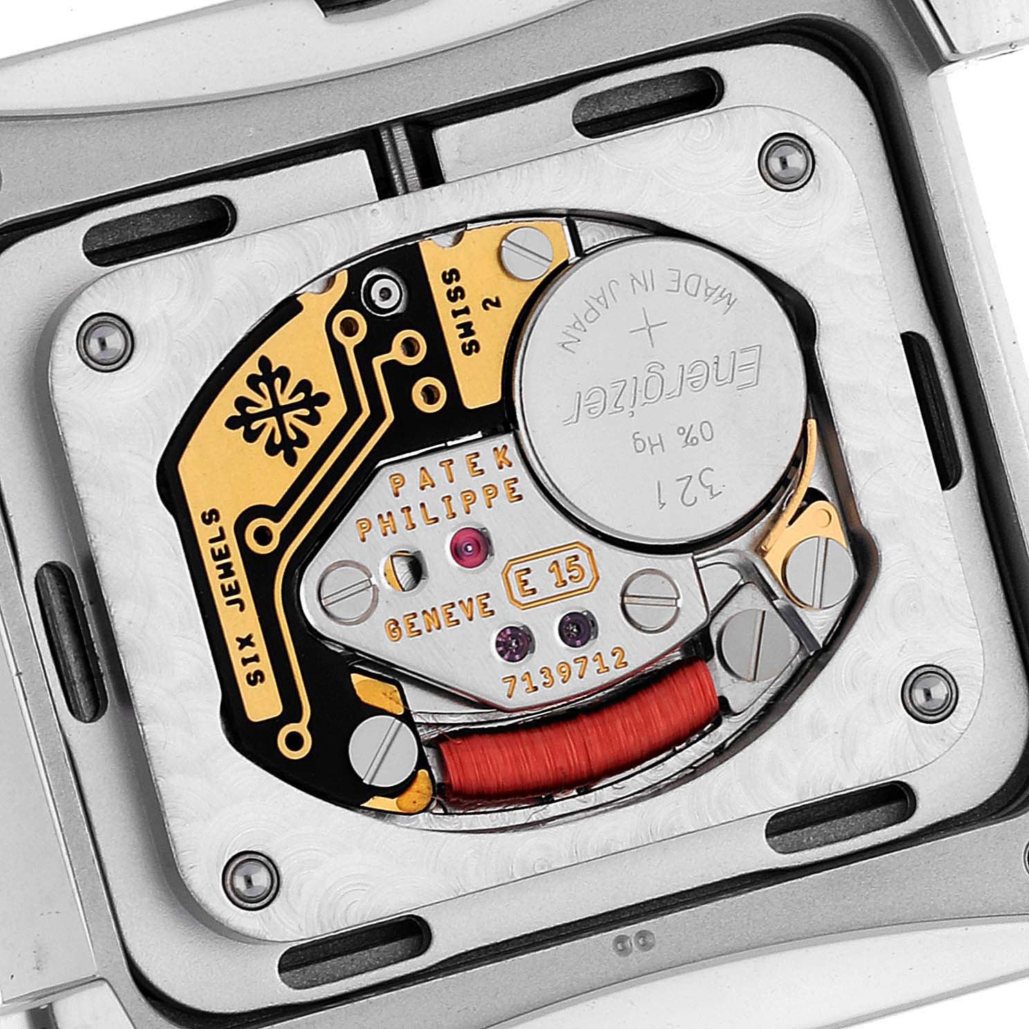 The image shows the back of the Patek Philippe Twenty-4 4910 Women's Stainless Steel Grey Dial 4910 Women's Stainless Steel Grey Dial watch, revealing its E15 movement components.