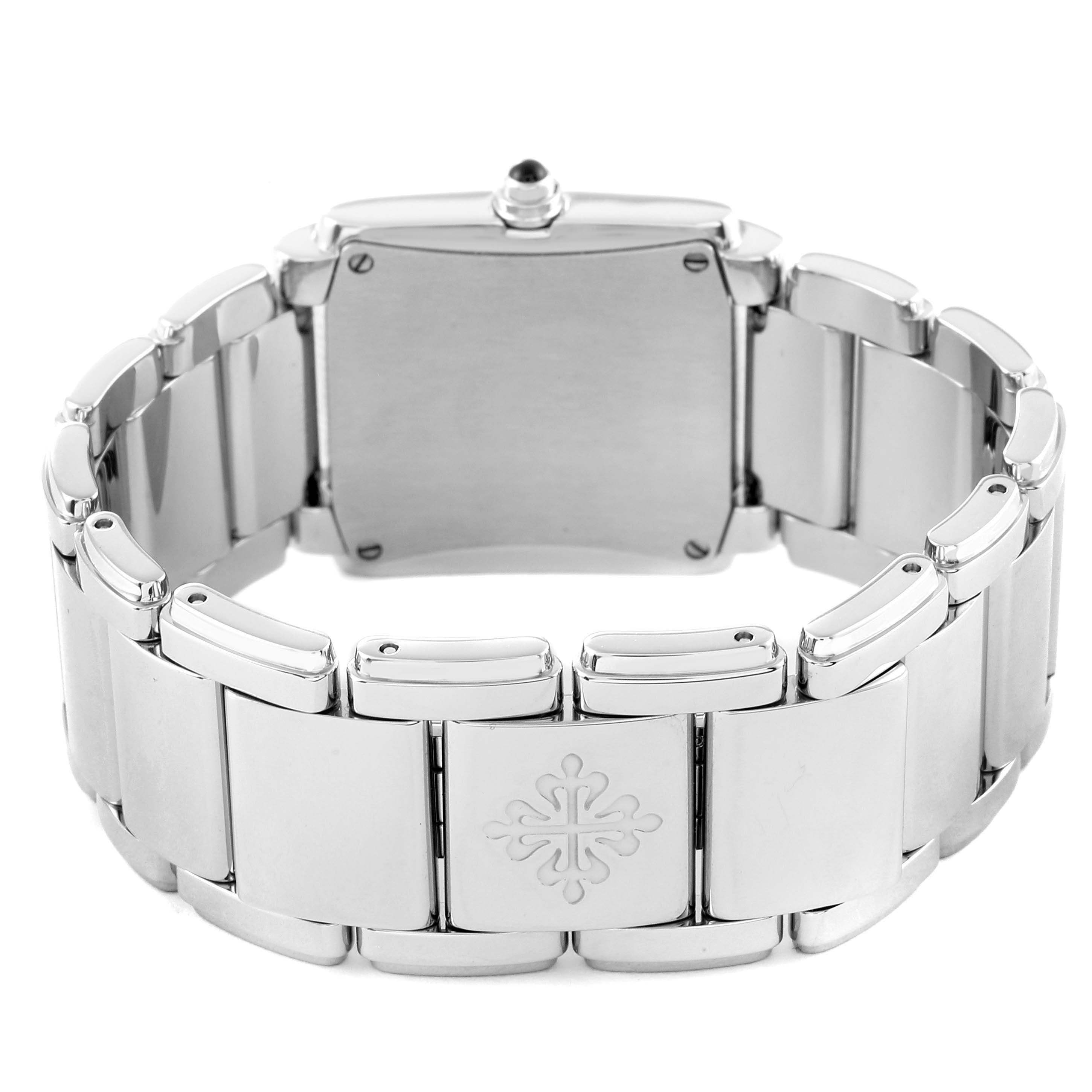 This image shows the back view of a Patek Philippe Twenty-4 4910 Women's Stainless Steel Grey Dial 4910 Women's Stainless Steel Grey Dial watch, highlighting its bracelet and clasp.