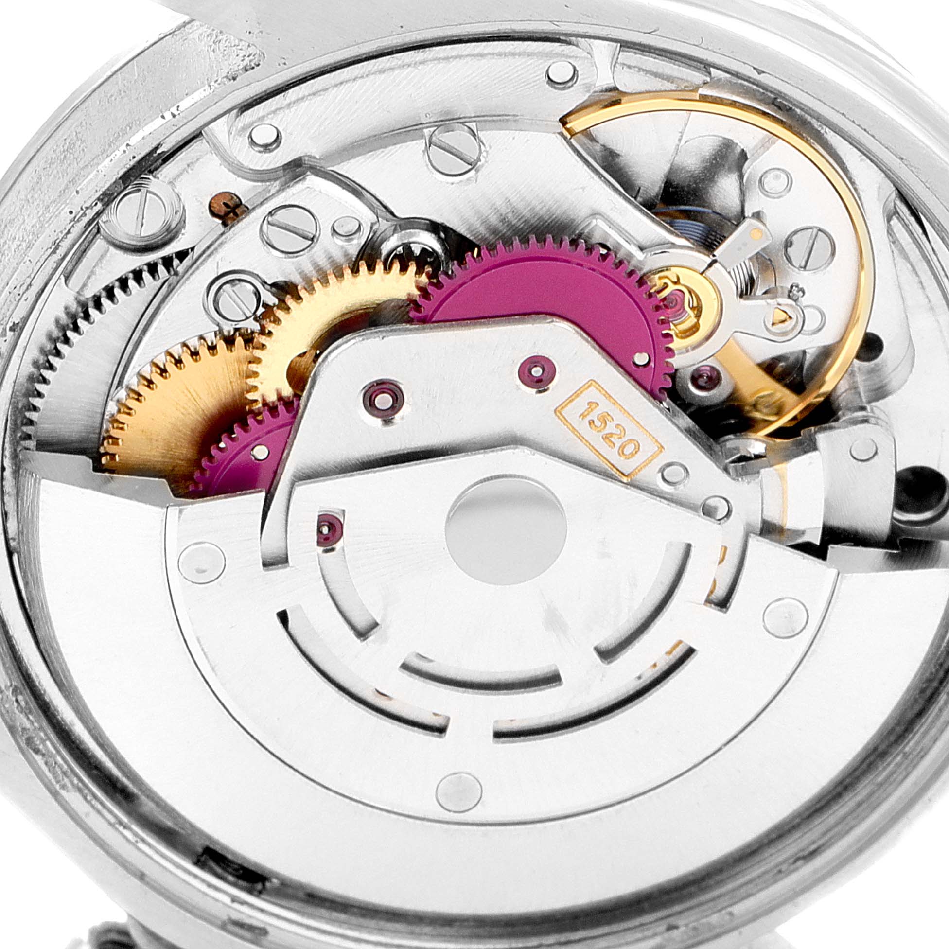 The image shows the internal movement and gears of the Rolex Vintage Collection 5500 Men
s Stainless Steel Silver Dial 5500 Men
s Stainless Steel Silver Dial watch model 1520, viewed from the back.