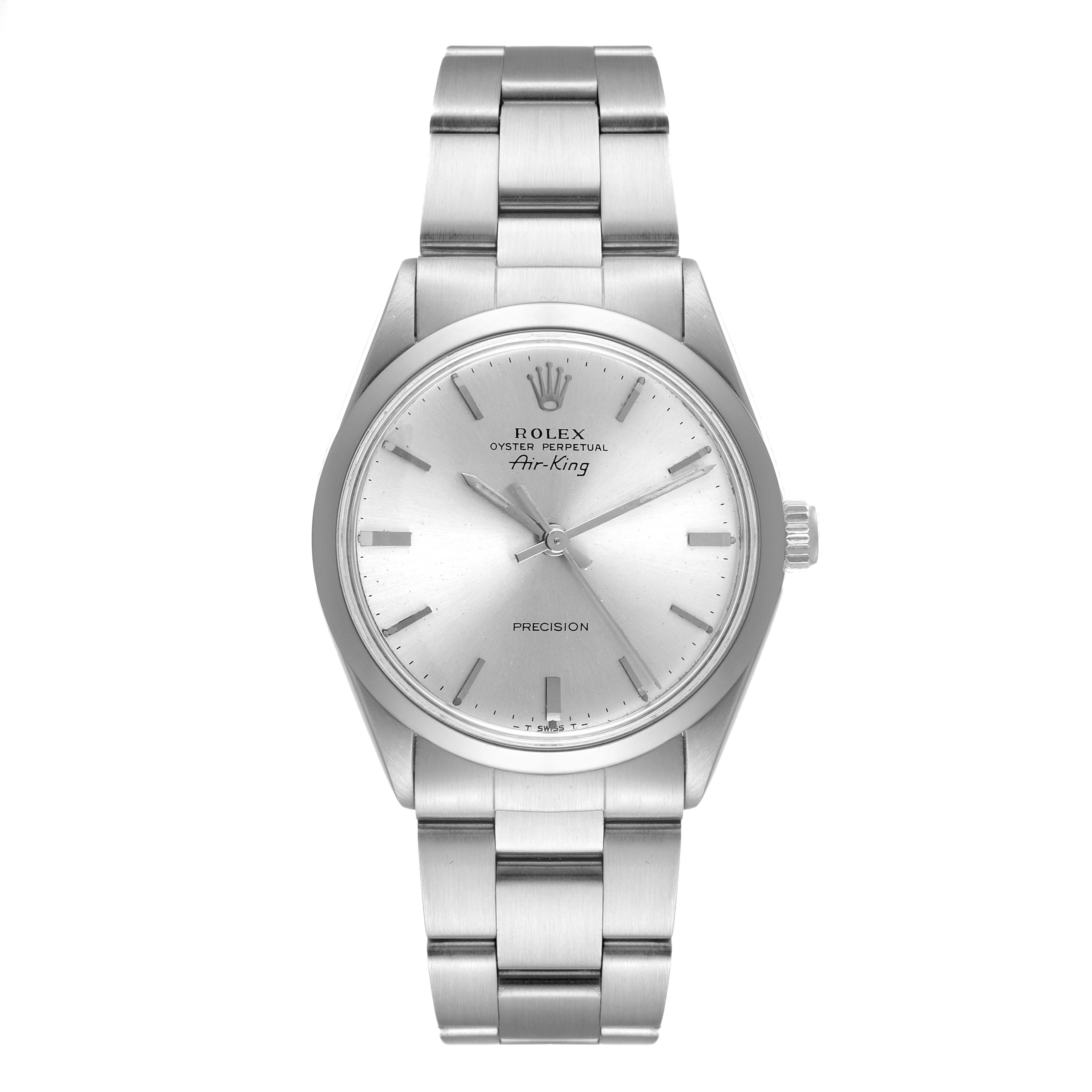 This image shows a front view of the Rolex Vintage Collection 5500 Men
s Stainless Steel Silver Dial 5500 Men
s Stainless Steel Silver Dial Air-King watch, displaying its face, case, and band.