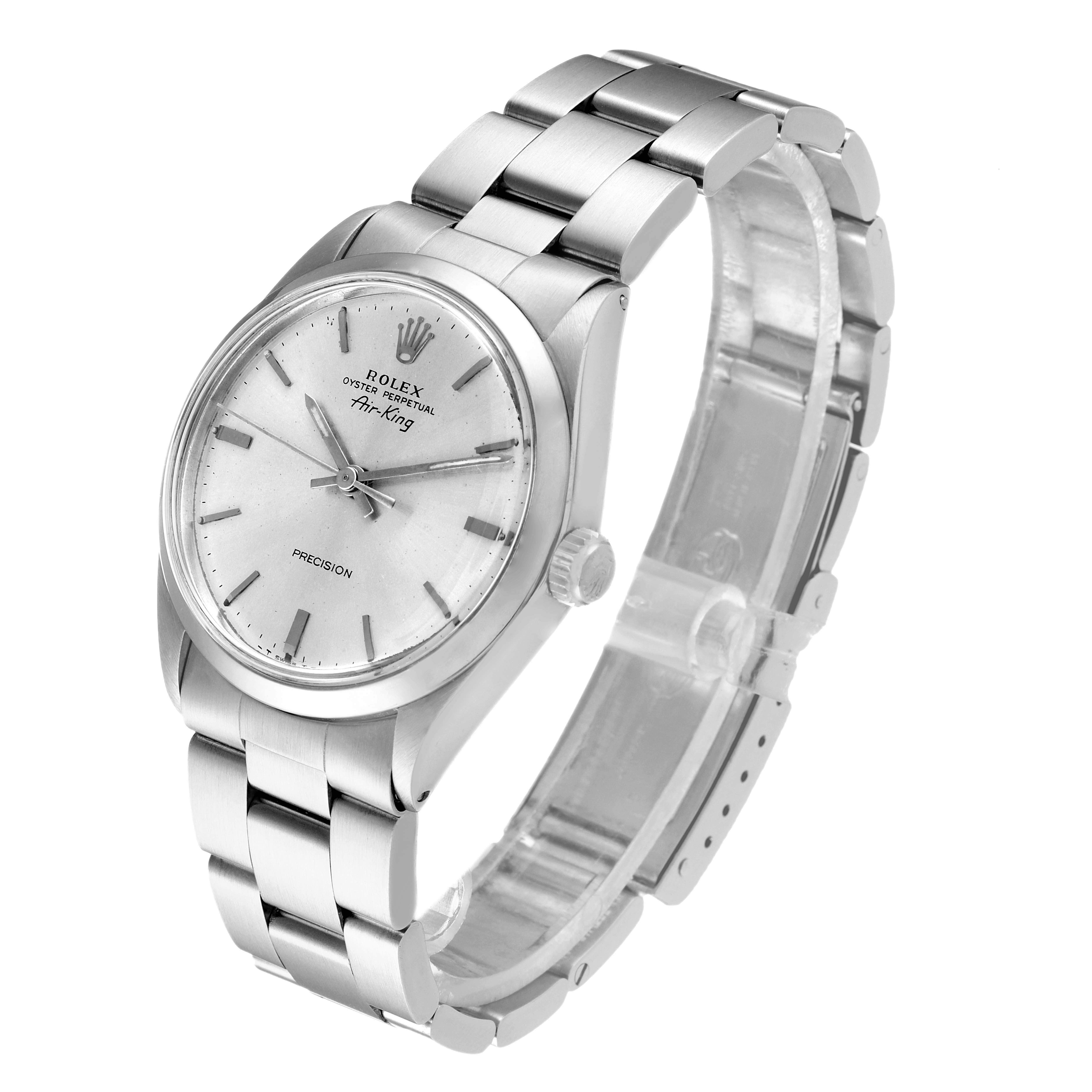 The image shows a Rolex Vintage Collection 5500 Men
s Stainless Steel Silver Dial 5500 Men
s Stainless Steel Silver Dial Oyster Perpetual Air-King watch at a three-quarter angle, displaying the face and strap.