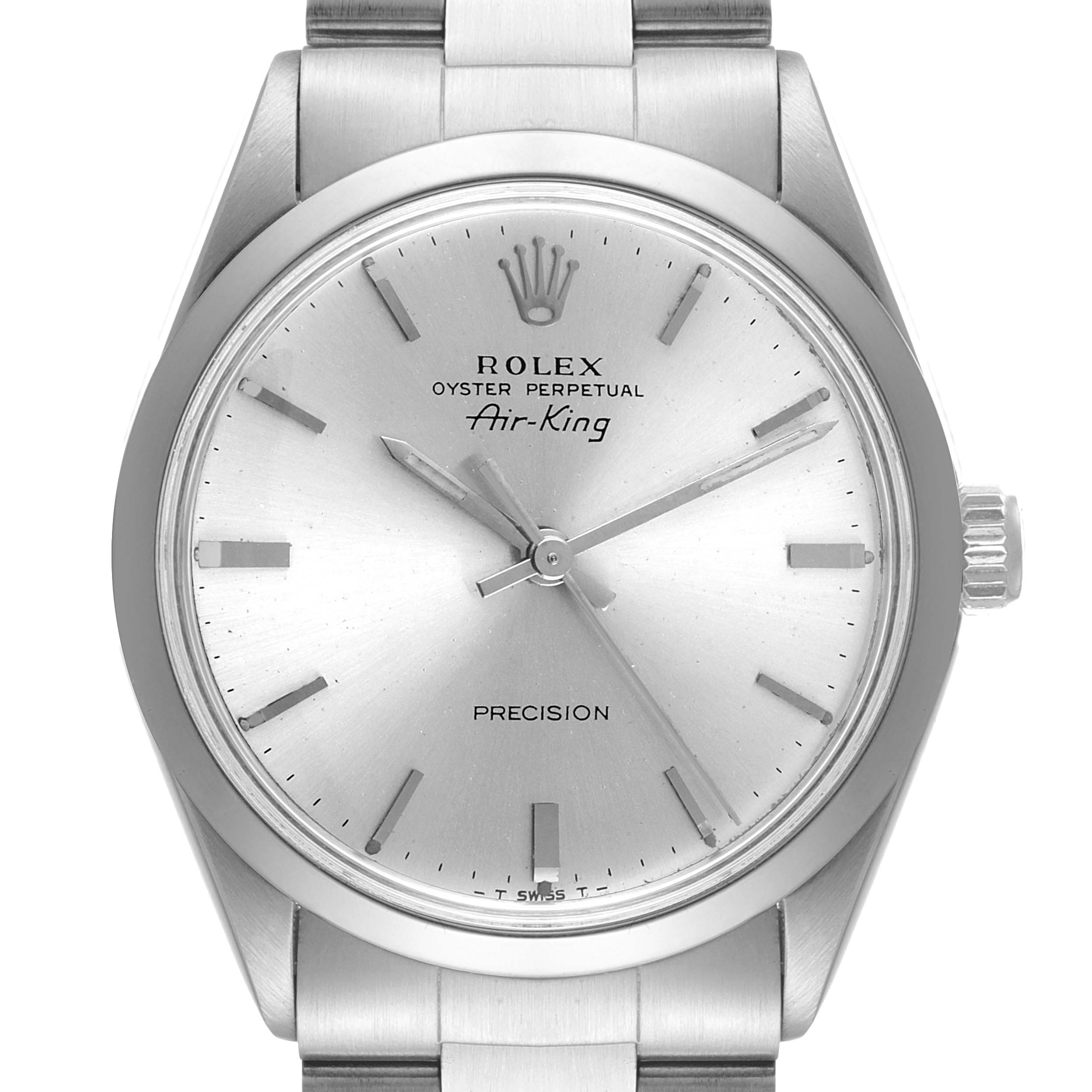 The image shows a frontal view of the Rolex Vintage Collection 5500 Men
s Stainless Steel Silver Dial 5500 Men
s Stainless Steel Silver Dial Air-King watch, highlighting the dial, hands, and crown.