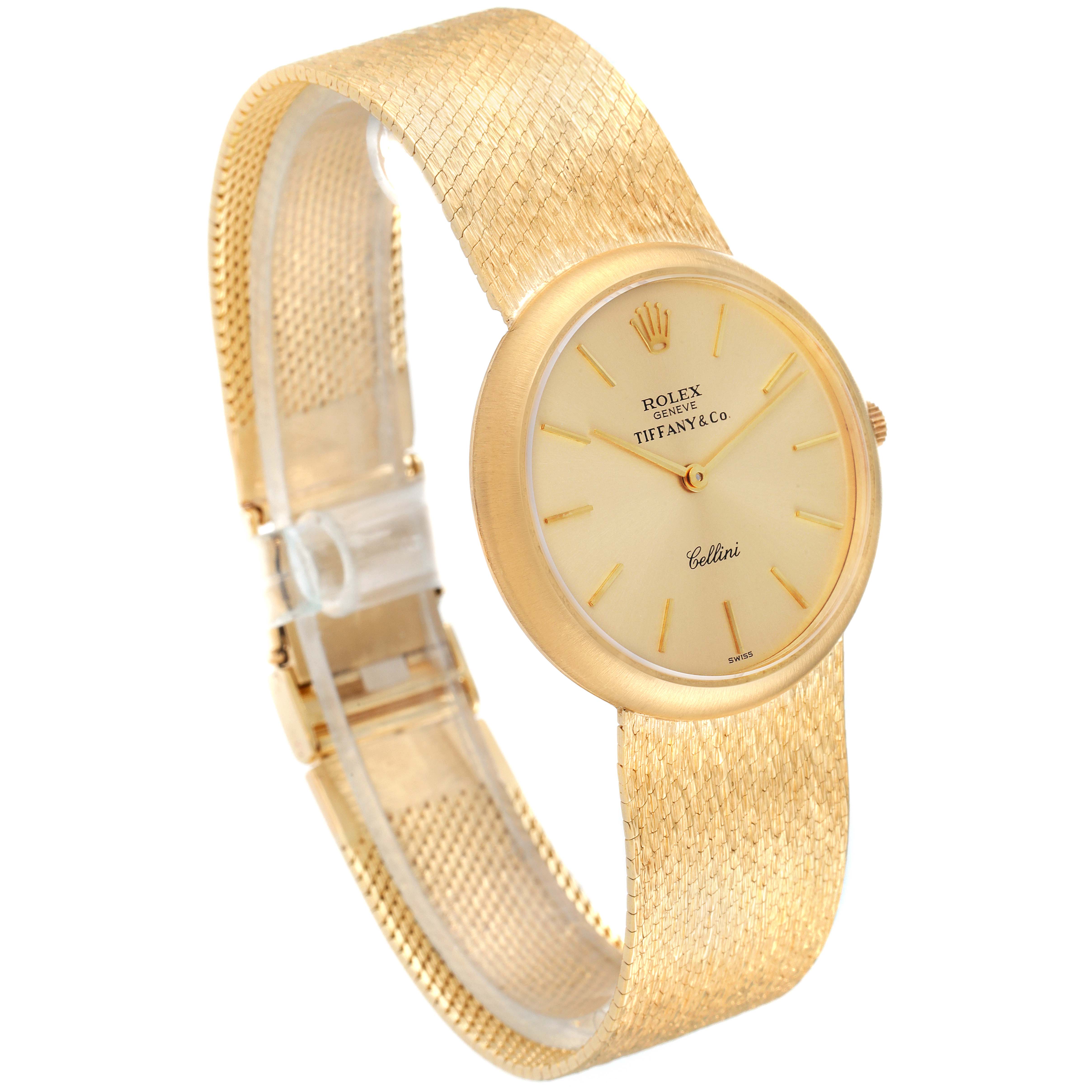 The image shows a Rolex Cellini Men's Yellow Gold Champagne Dial Men's Yellow Gold Champagne Dial watch from a three-quarter angle, displaying the dial, bracelet, and clasp.