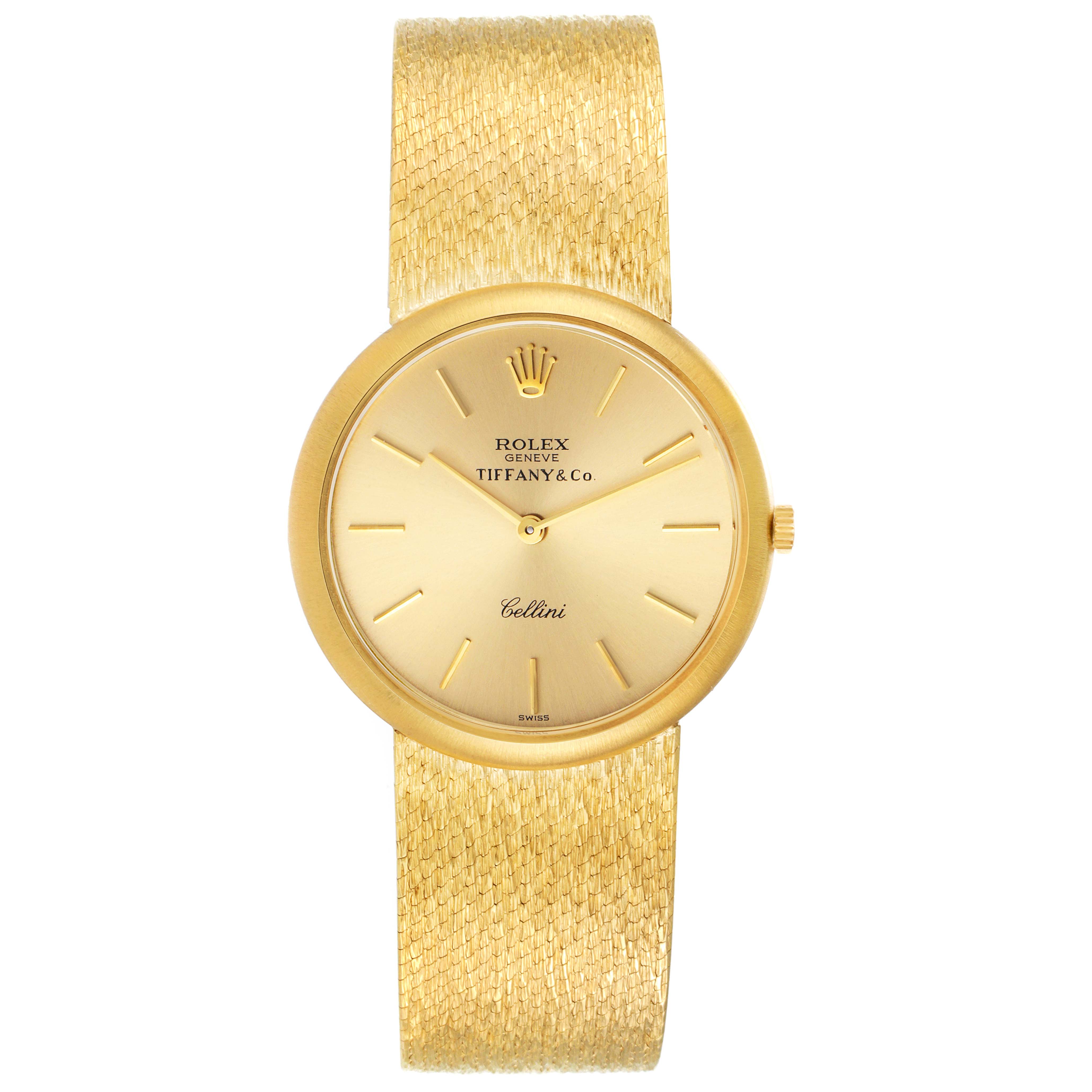 The image shows a Rolex Cellini Men's Yellow Gold Champagne Dial Men's Yellow Gold Champagne Dial watch from a top view, highlighting the dial, hands, and gold mesh strap.