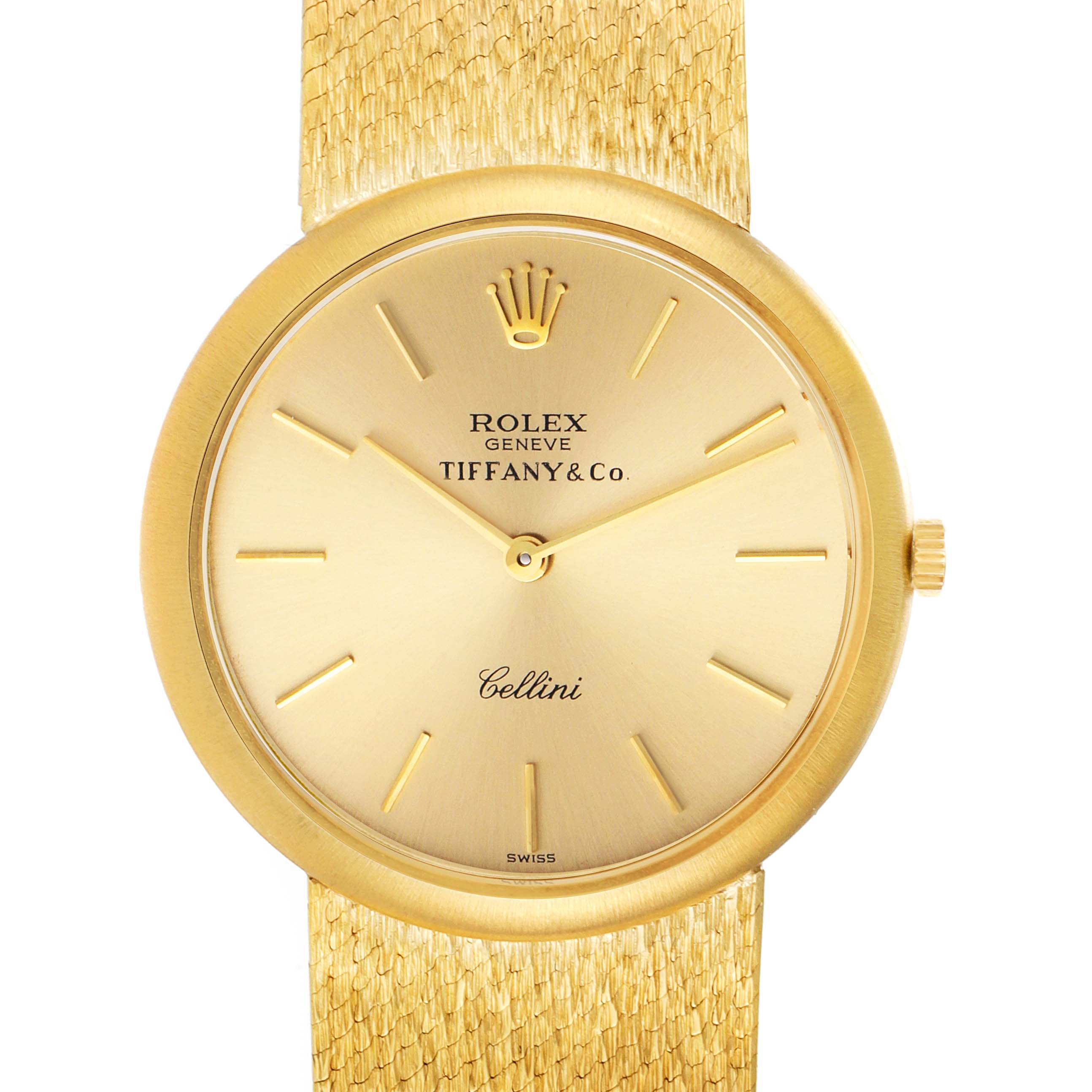 The image shows a frontal view of a Rolex Cellini Men's Yellow Gold Champagne Dial Men's Yellow Gold Champagne Dial watch, highlighting the dial, crown, and part of the gold mesh strap.