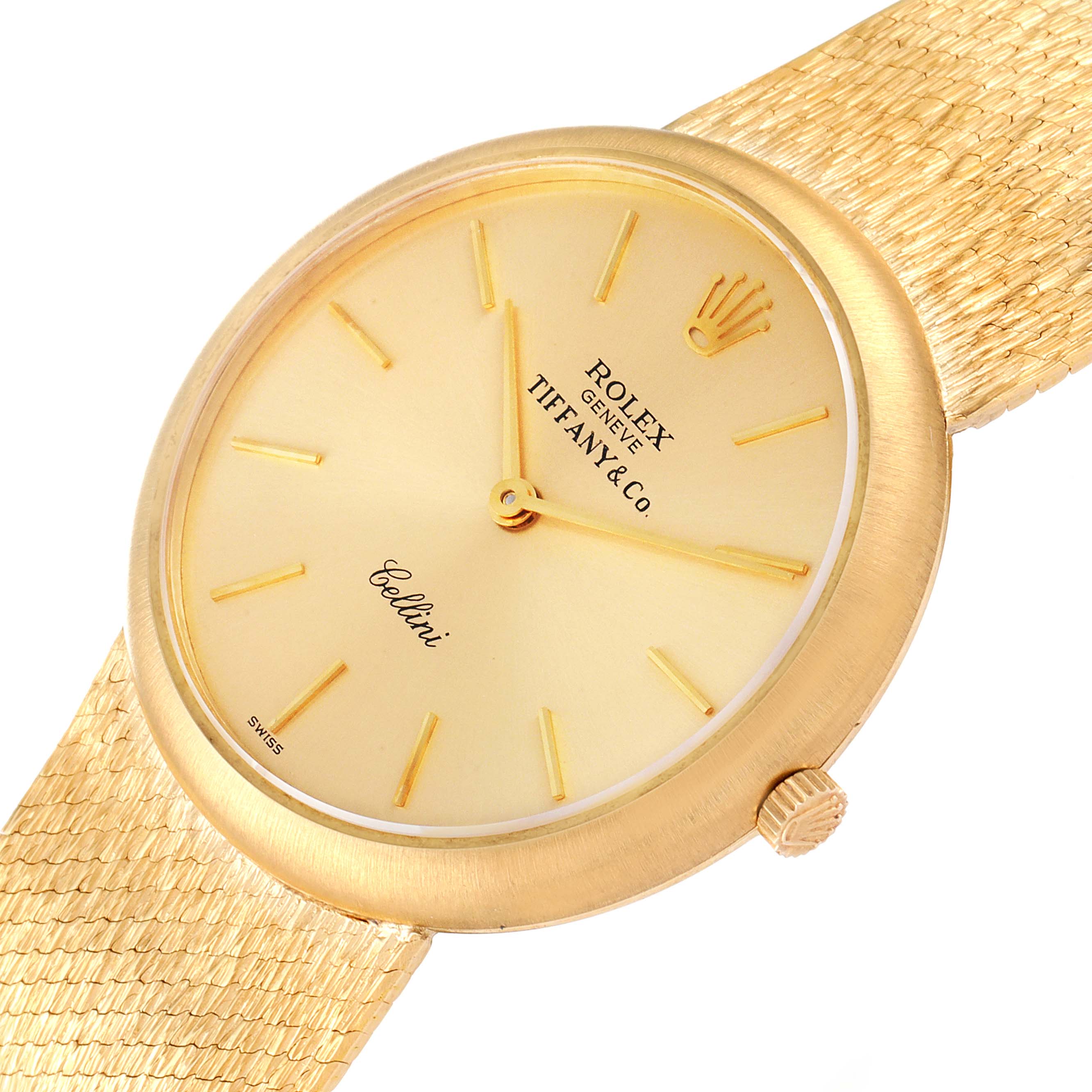 The image shows a close-up view of the Rolex Cellini Men's Yellow Gold Champagne Dial Men's Yellow Gold Champagne Dial watch, highlighting its dial, crown, and part of the bracelet.