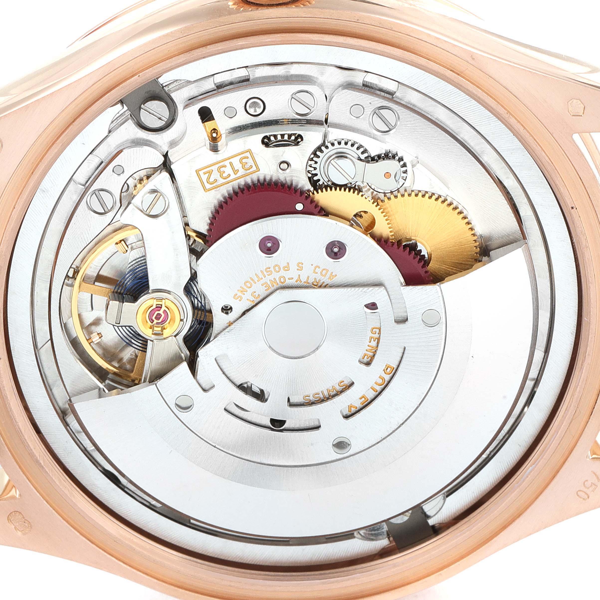 This image shows the intricate inner mechanism and movement of the Rolex Cellini 50505 Men's Rose Gold Black Dial 50505 Men's Rose Gold Black Dial watch.