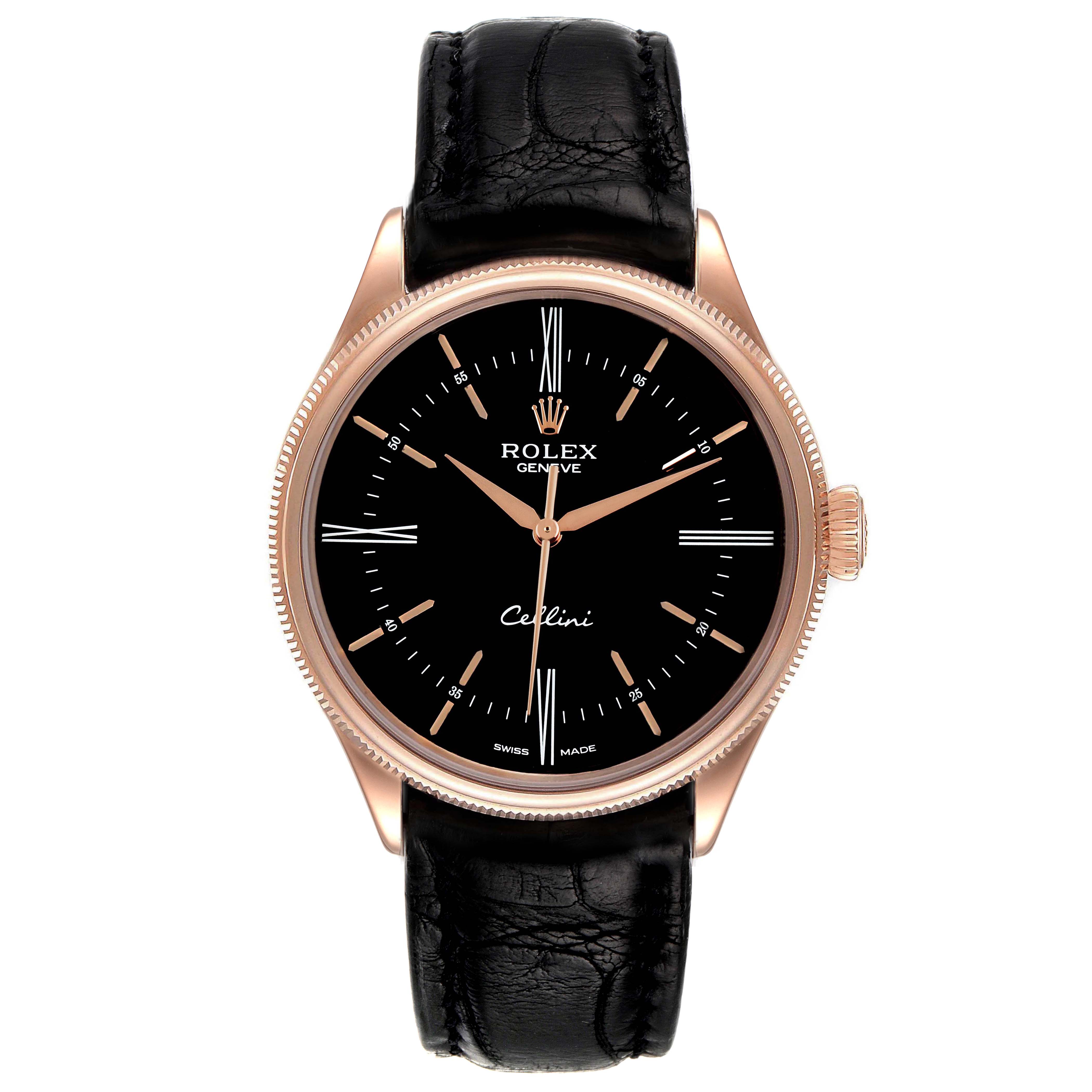 This image shows a frontal view of a Rolex Cellini 50505 Men's Rose Gold Black Dial 50505 Men's Rose Gold Black Dial watch, featuring a black dial, rose gold case, and black leather strap.