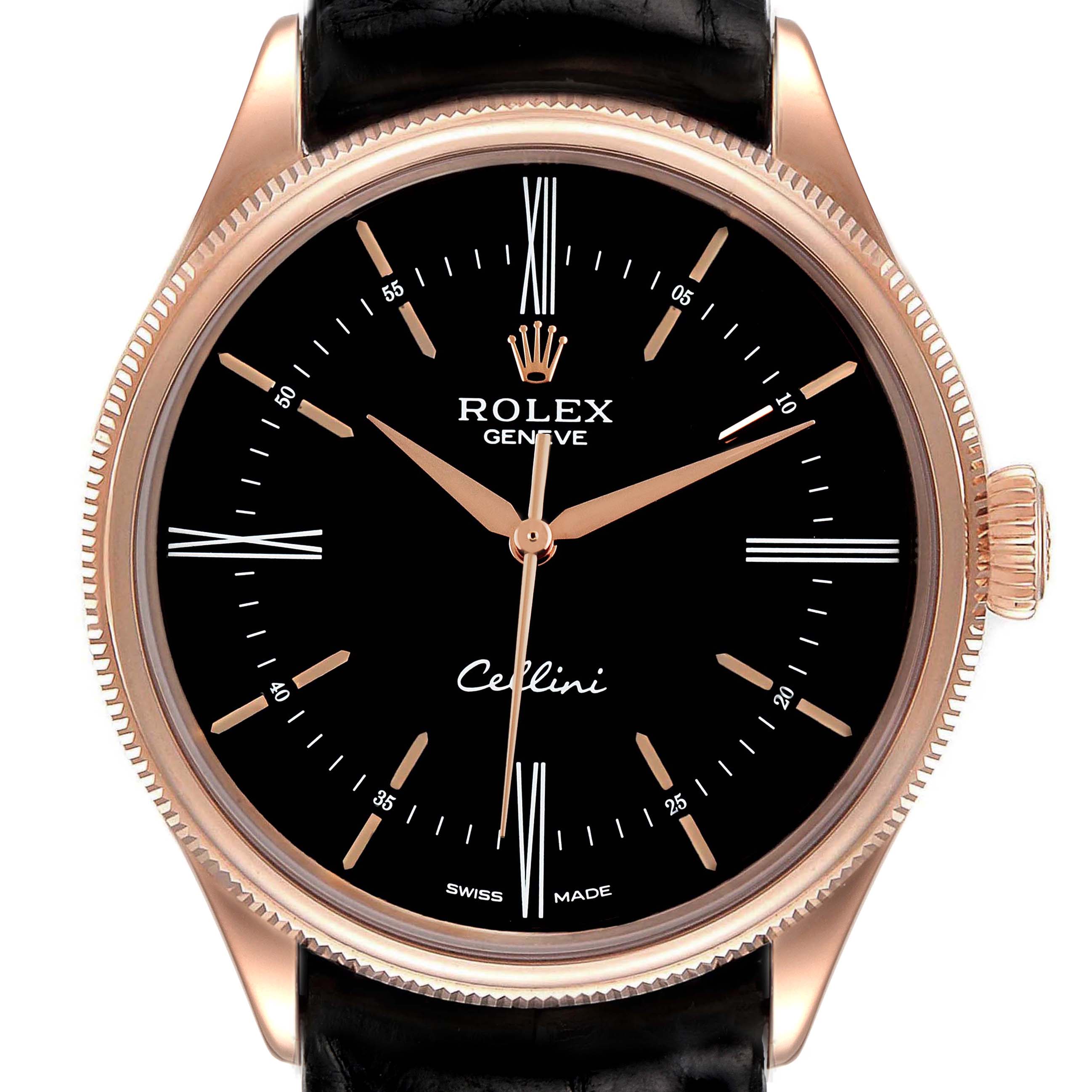 The image shows a front view of the Rolex Cellini 50505 Men's Rose Gold Black Dial 50505 Men's Rose Gold Black Dial watch, highlighting the dial, hands, case, and part of the leather strap.