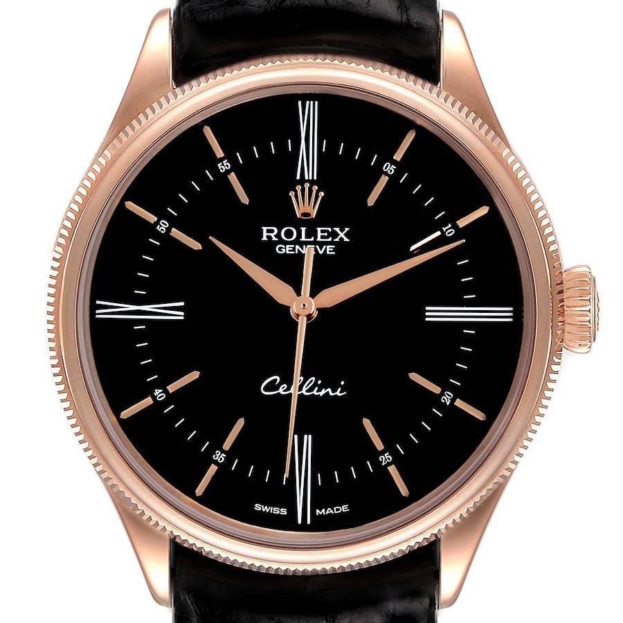 Rolex Cellini Time 18K EveRose Gold Black Dial Mens Watch 50505 SwissWatchExpo