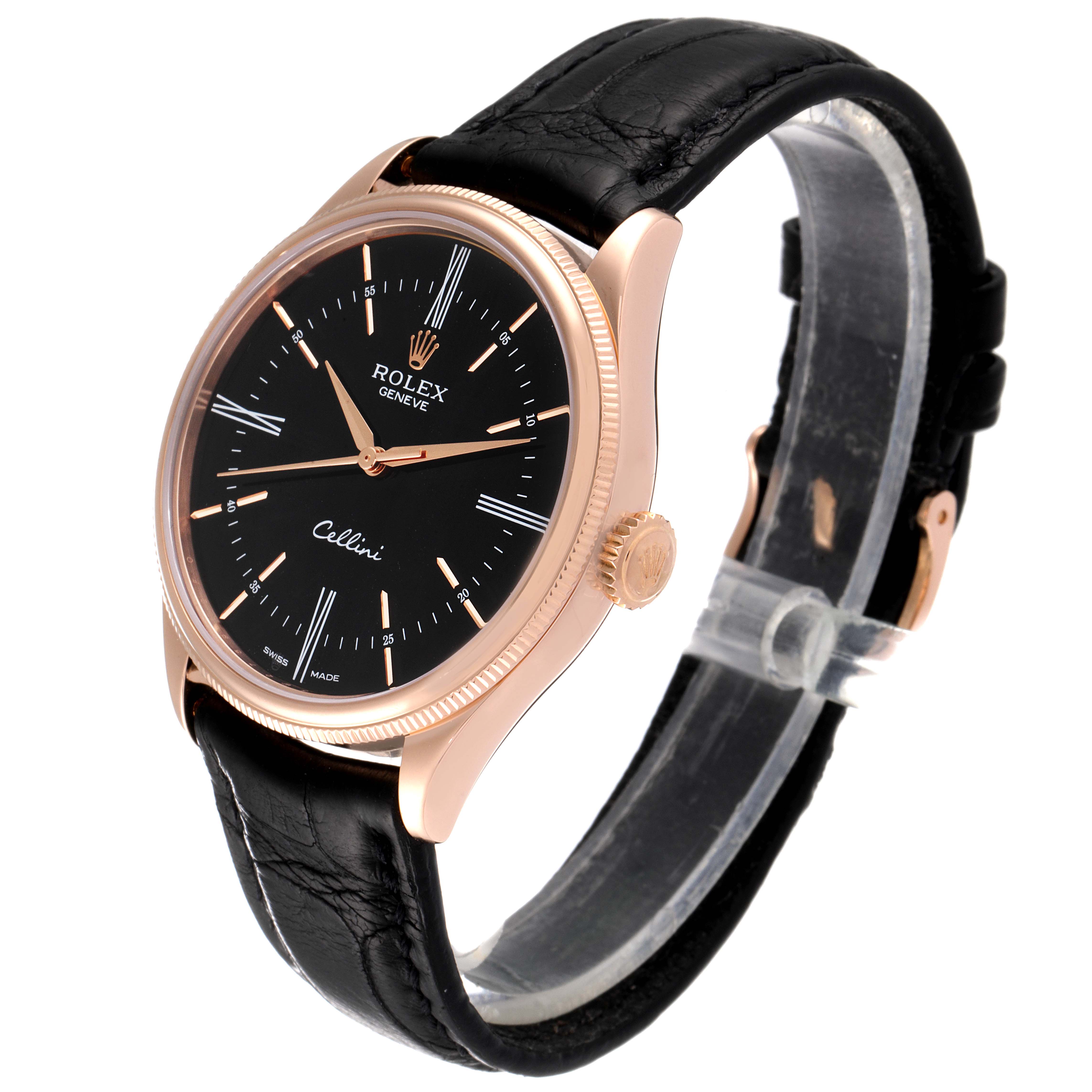The image shows a Rolex Cellini 50505 Men's Rose Gold Black Dial 50505 Men's Rose Gold Black Dial watch from an angled side view, displaying the dial, crown, and leather strap.
