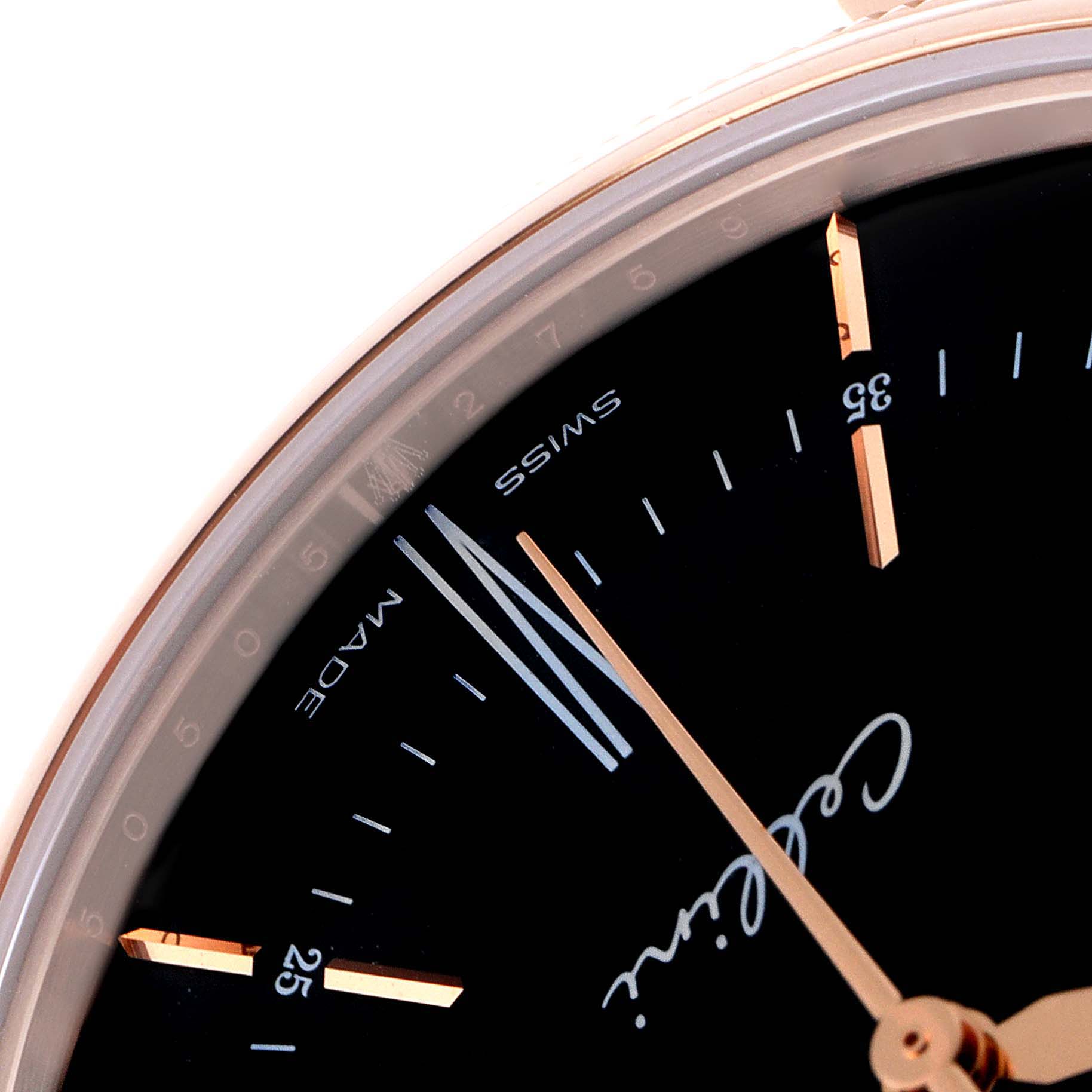 The image shows a close-up of the Rolex Cellini 50505 Men's Rose Gold Black Dial 50505 Men's Rose Gold Black Dial watch face, highlighting the hour markers, minute markers, and hands.