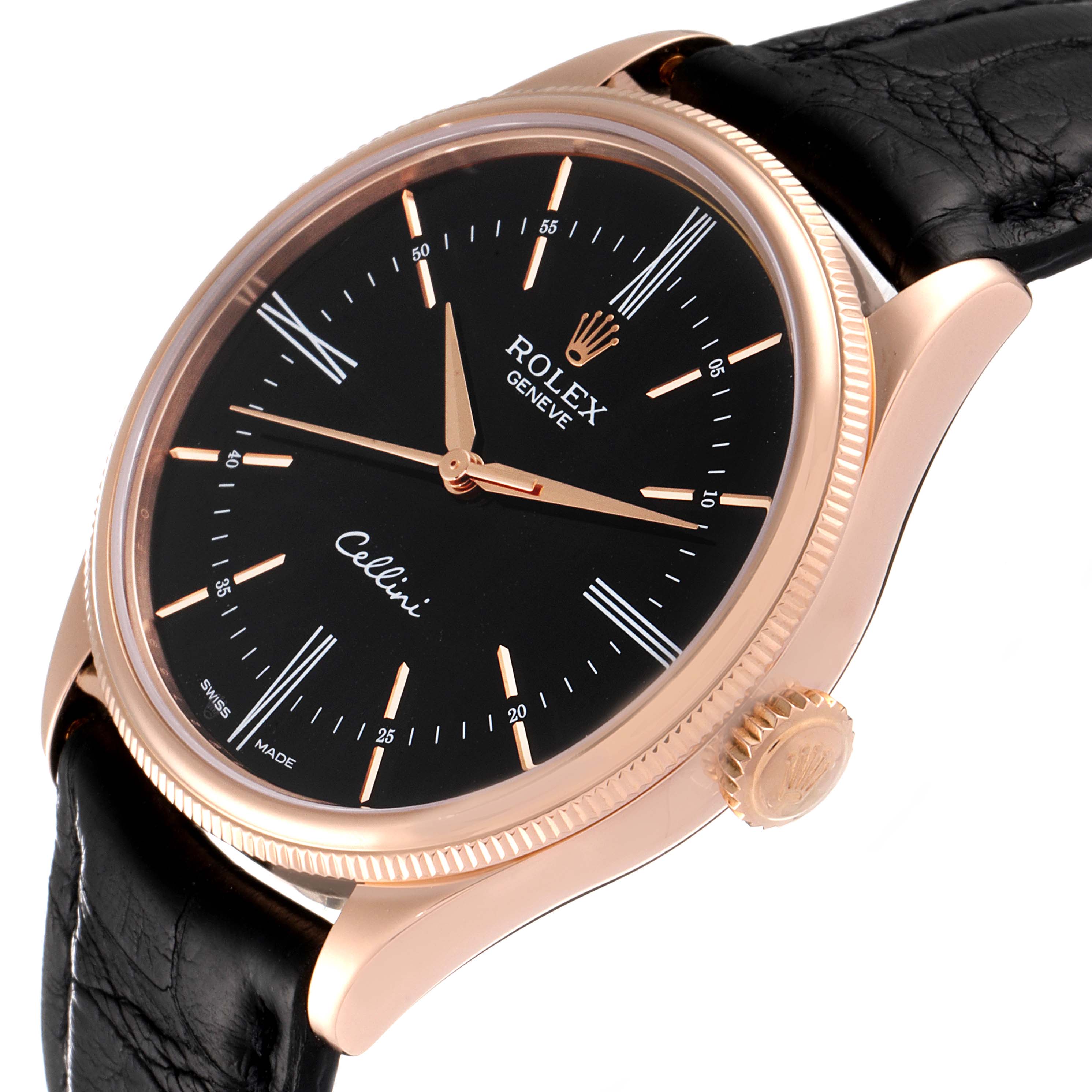 The Rolex Cellini 50505 Men's Rose Gold Black Dial 50505 Men's Rose Gold Black Dial watch is shown from a three-quarter front angle, displaying the dial, case, crown, and part of the strap.