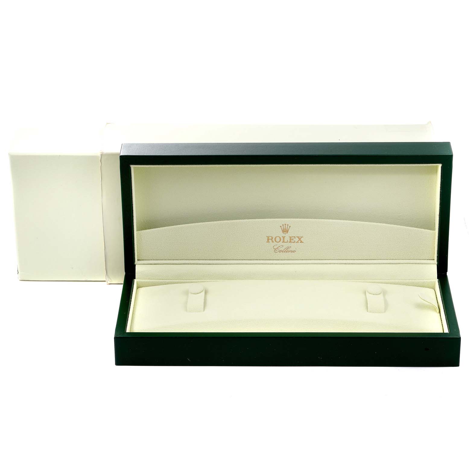 This image shows an open Rolex Cellini 50505 Men's Rose Gold Black Dial 50505 Men's Rose Gold Black Dial watch box, viewed from the front, displaying its interior padding and logo.