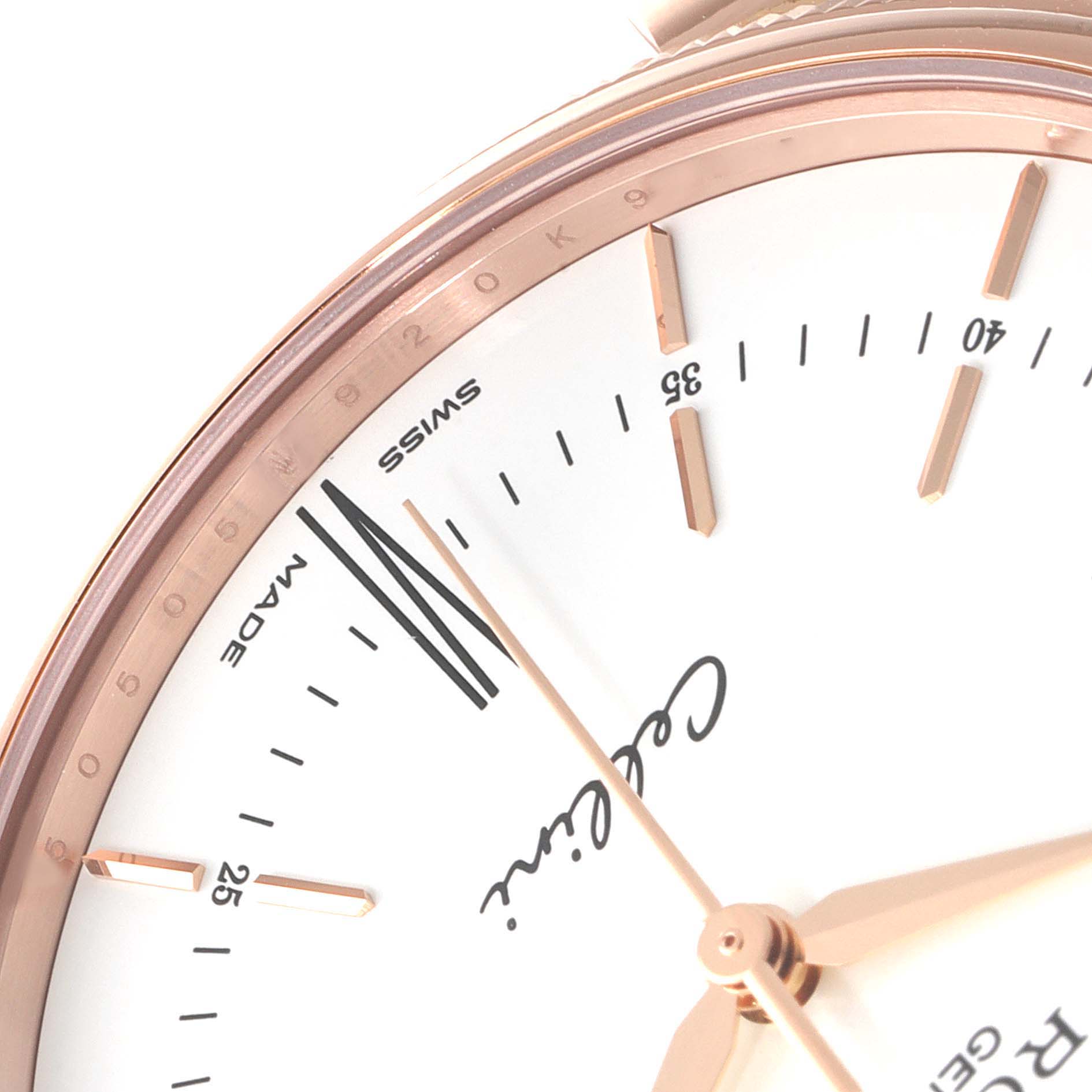 The image shows a close-up of the dial and hands of a Rolex Cellini 50505 Men's Rose Gold White Dial 50505 Men's Rose Gold White Dial watch, highlighting the minute markers and part of the case.