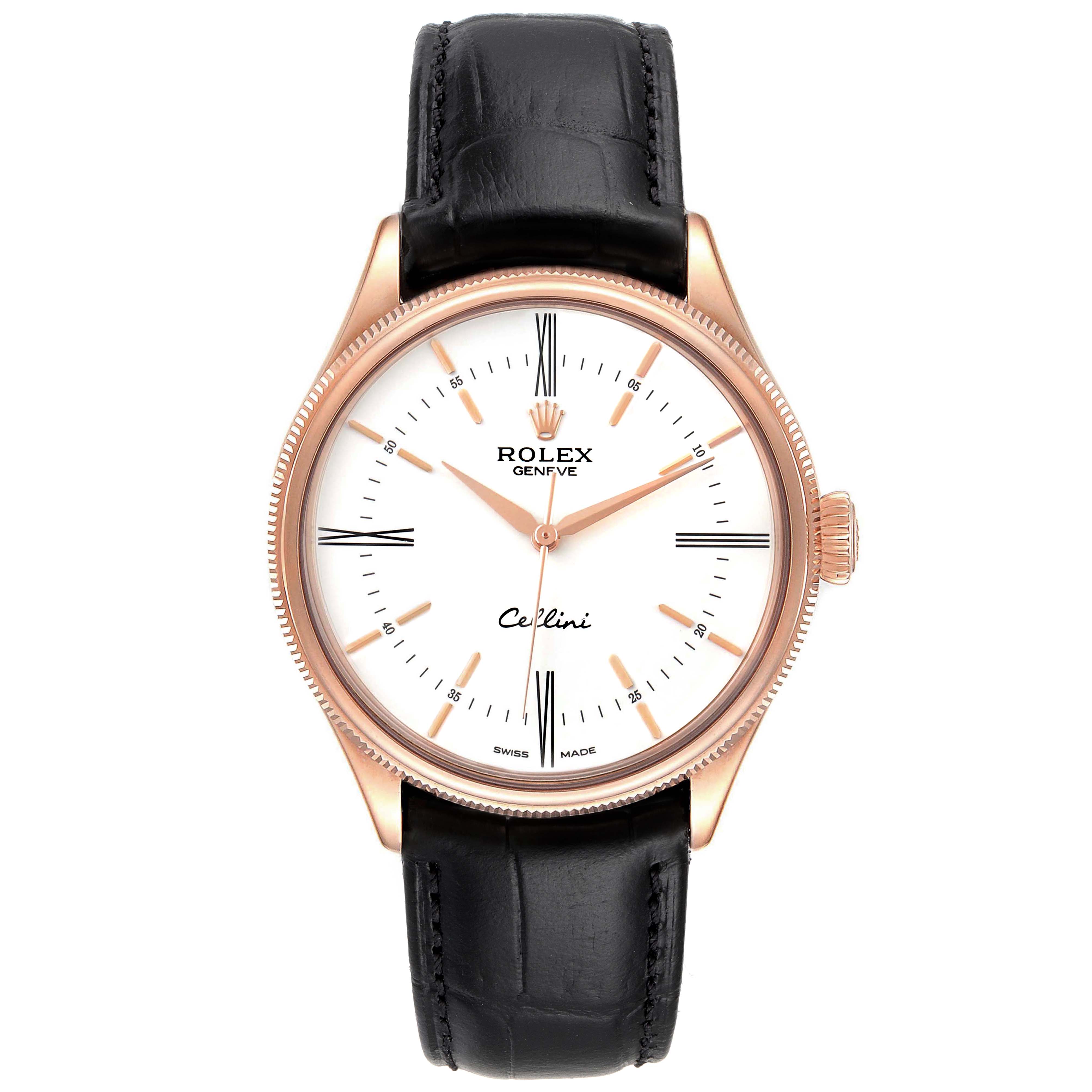 The image shows a front view of a Rolex Cellini 50505 Men's Rose Gold White Dial 50505 Men's Rose Gold White Dial watch, displaying the dial, hour marks, hands, crown, and black leather strap.