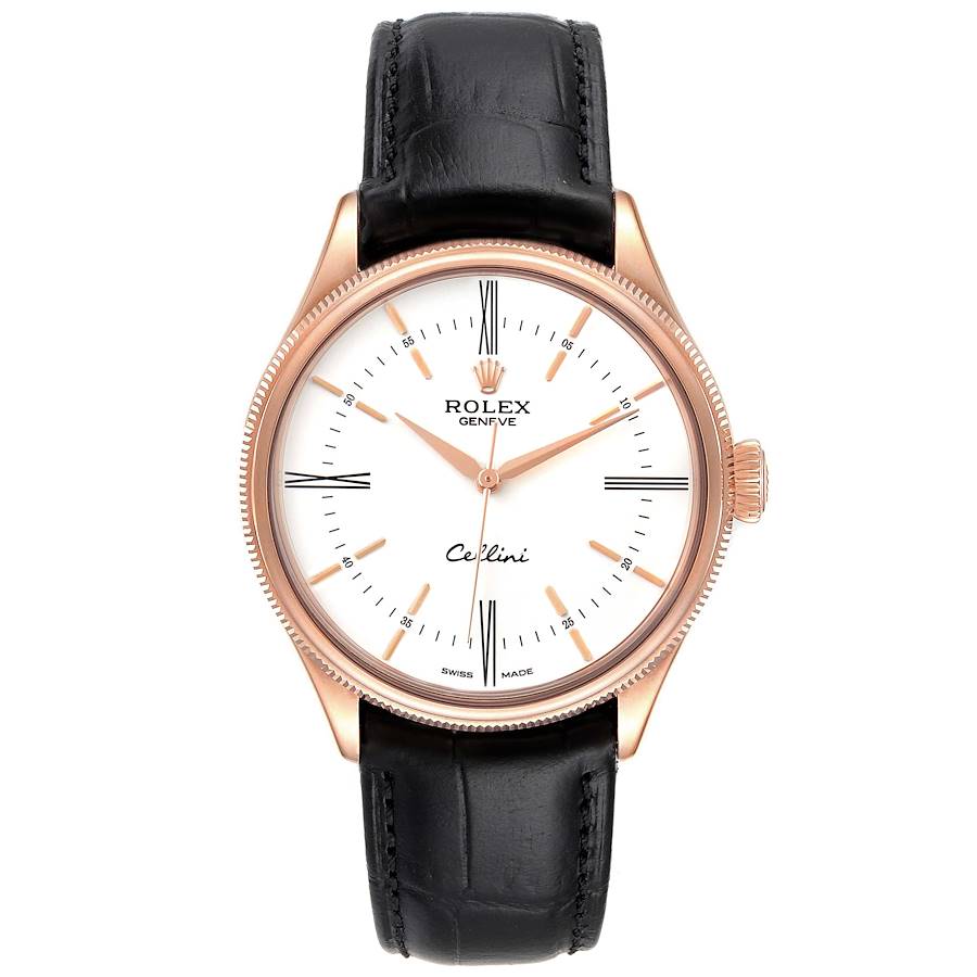 Rolex Cellini Time Rose Gold White Dial Black Strap Mens Watch