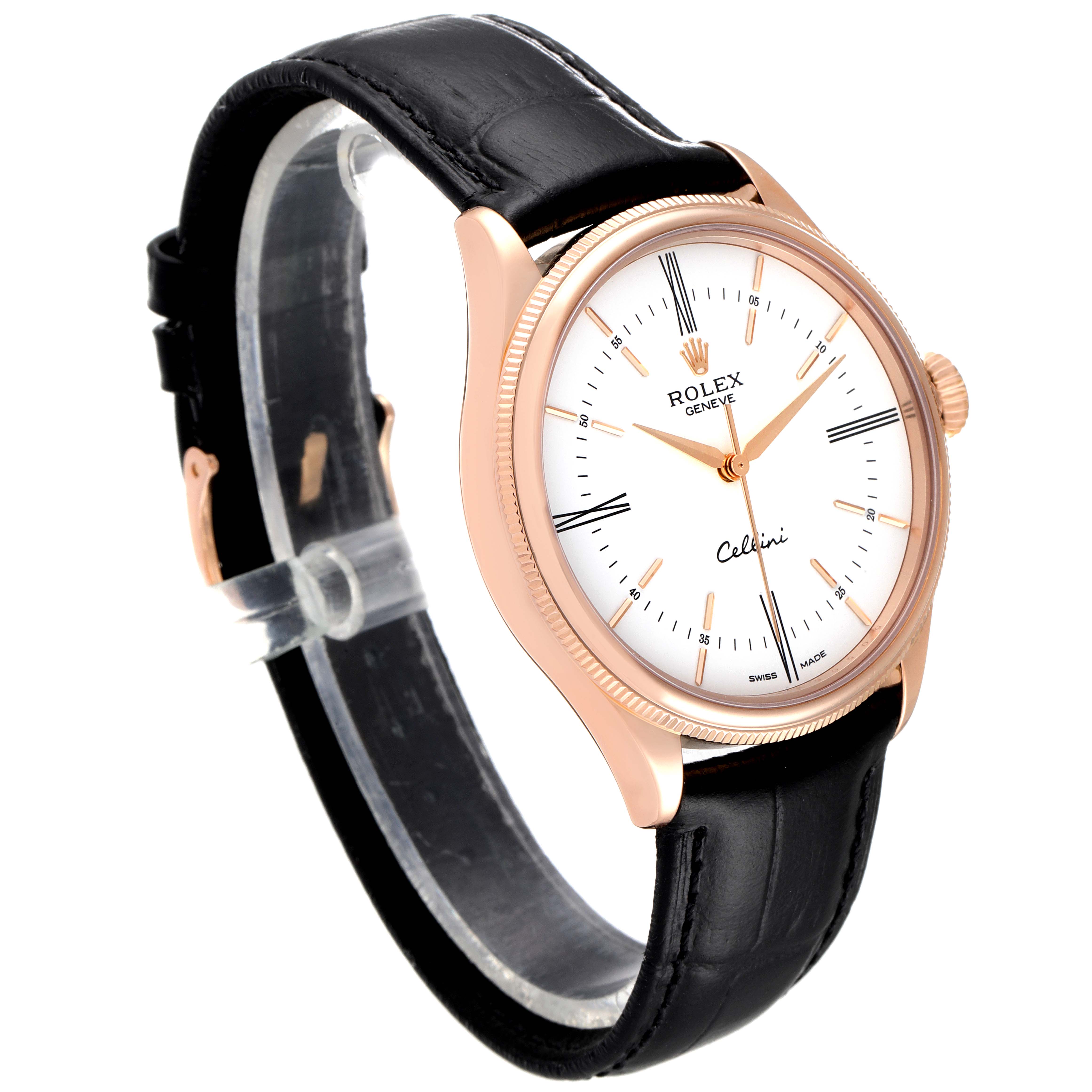 The image shows a Rolex Cellini 50505 Men's Rose Gold White Dial 50505 Men's Rose Gold White Dial watch at an angle that highlights its face, bezel, crown, and leather strap.