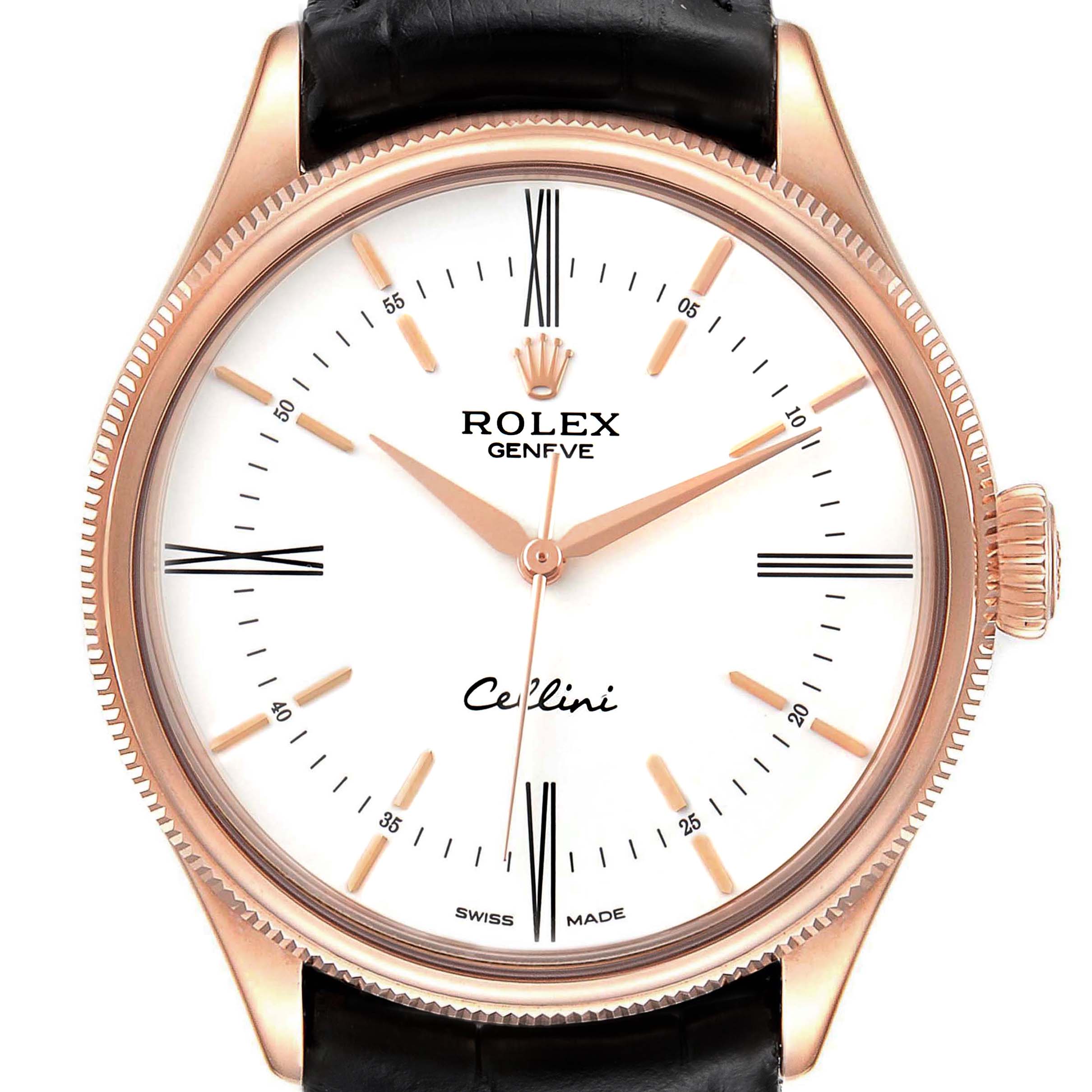 This image shows a front view of a Rolex Cellini 50505 Men's Rose Gold White Dial 50505 Men's Rose Gold White Dial watch highlighting the dial, hands, and bezel.