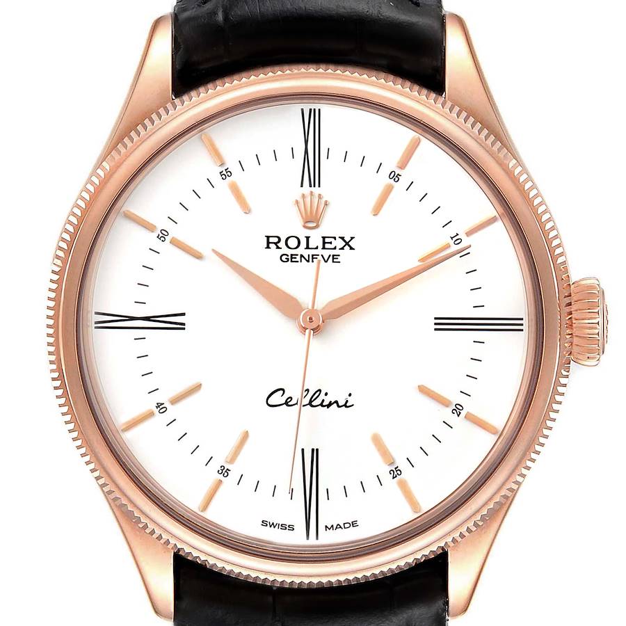 Rolex Cellini Time Rose Gold White Dial Black Strap Mens Watch 50505 SwissWatchExpo