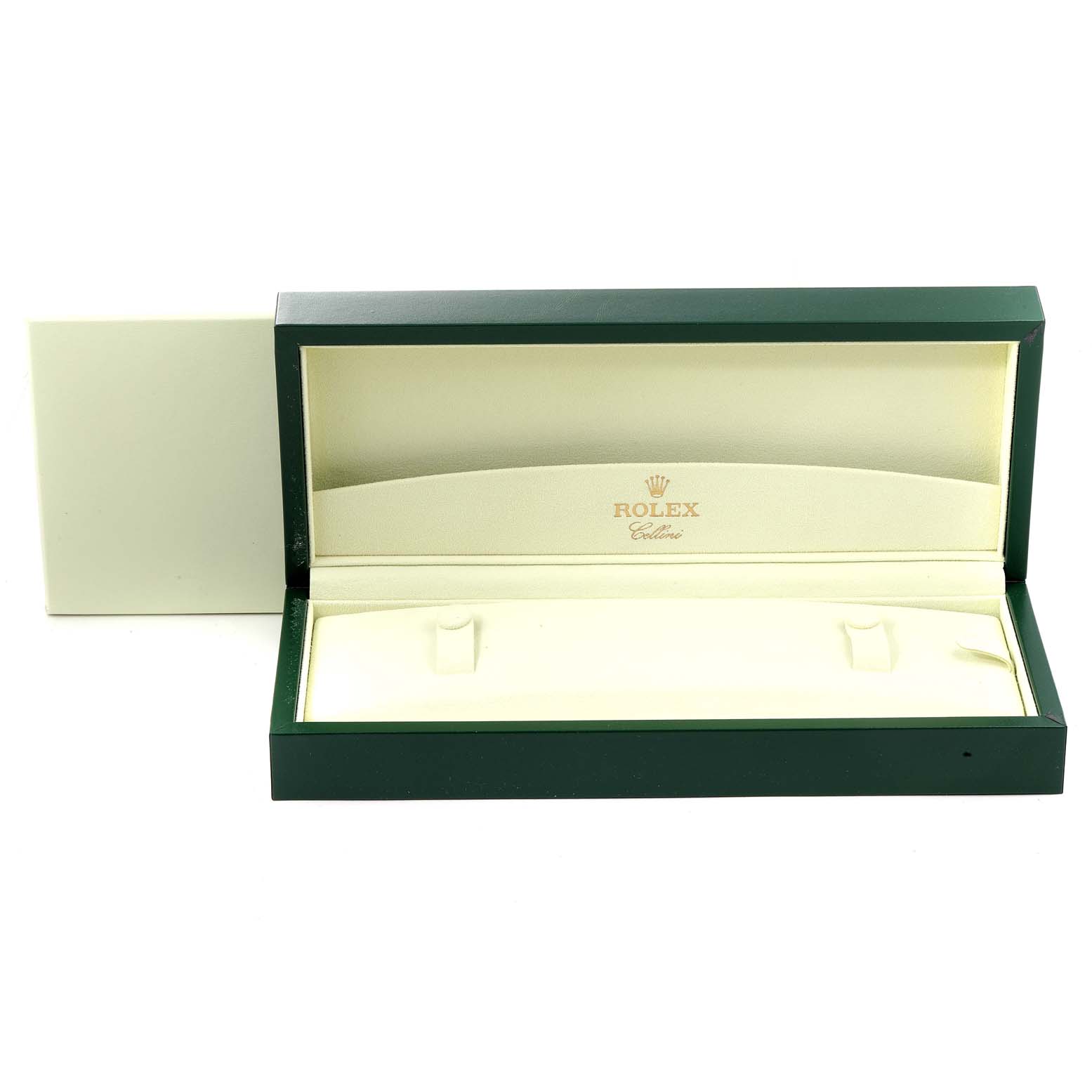 The image shows an open, empty Rolex Cellini 50505 Men's Rose Gold White Dial 50505 Men's Rose Gold White Dial watch case viewed from the front.