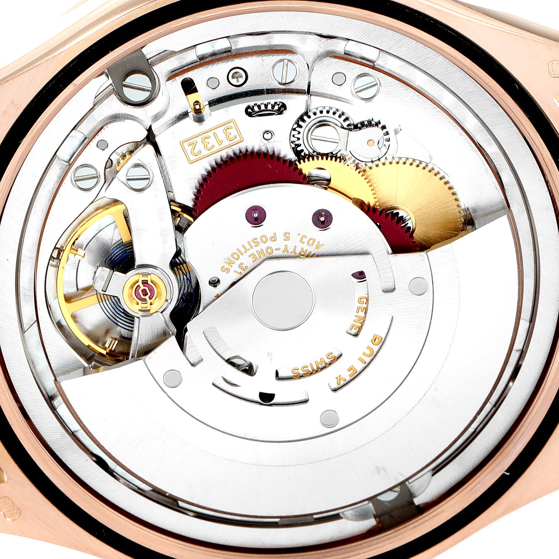 This image shows the internal movement parts of a Rolex Cellini 50505 Men's Rose Gold White Dial 50505 Men's Rose Gold White Dial watch from a close-up, top-down angle.