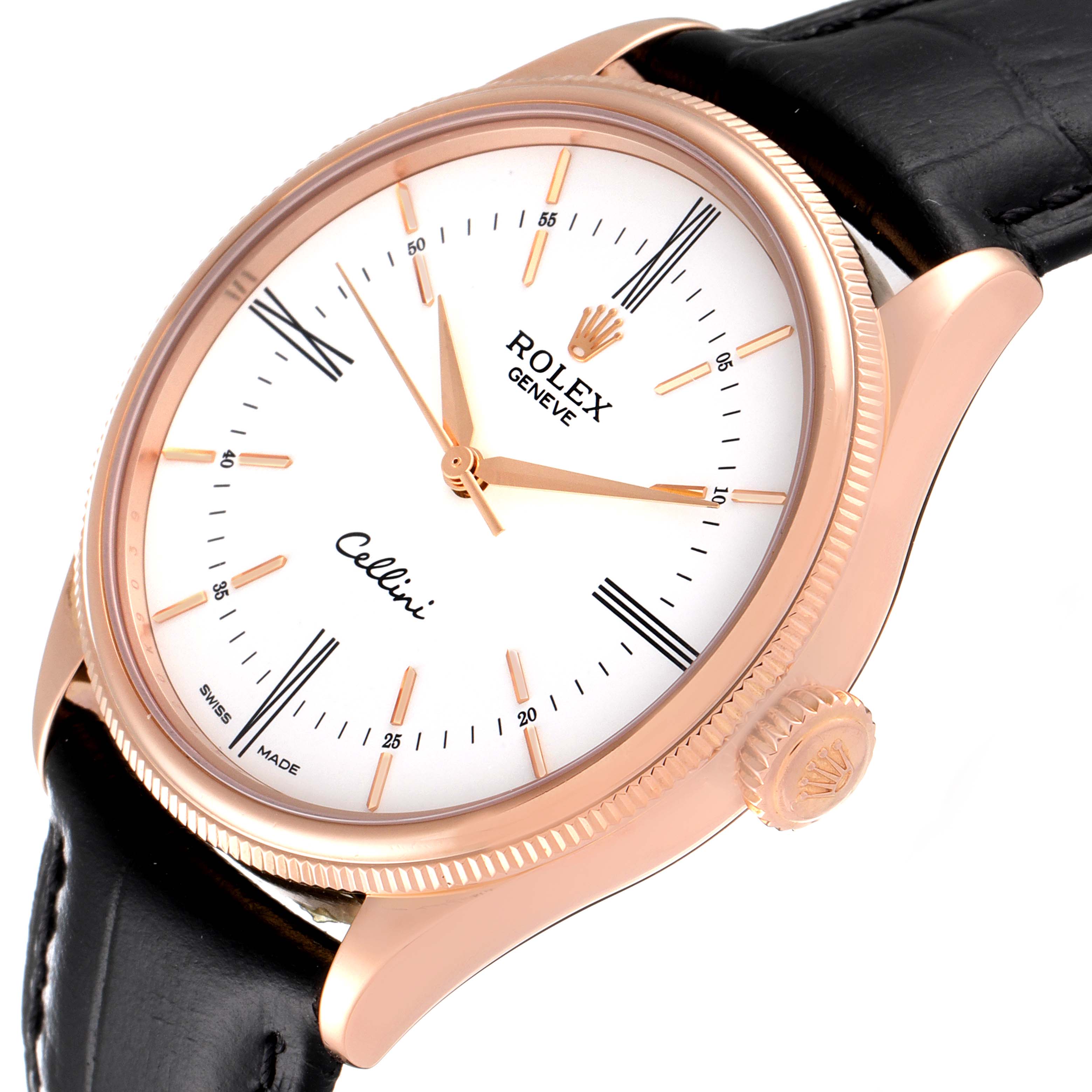 The image shows an angled view of a Rolex Cellini 50505 Men's Rose Gold White Dial 50505 Men's Rose Gold White Dial watch featuring its face, crown, and part of its leather strap.