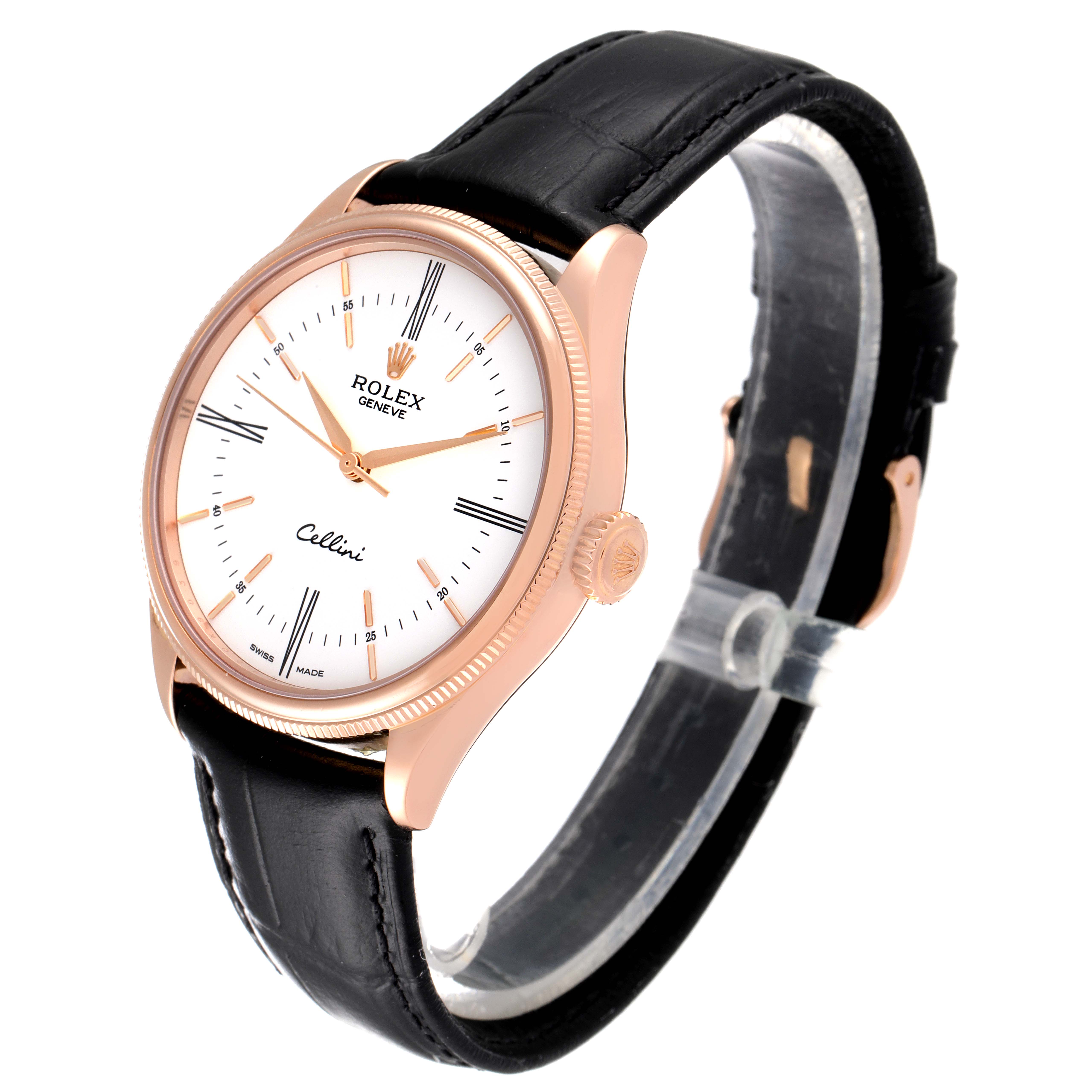 The Rolex Cellini 50505 Men's Rose Gold White Dial 50505 Men's Rose Gold White Dial watch is shown at a 3/4 angle, displaying its black leather strap, white dial, and rose gold bezel.