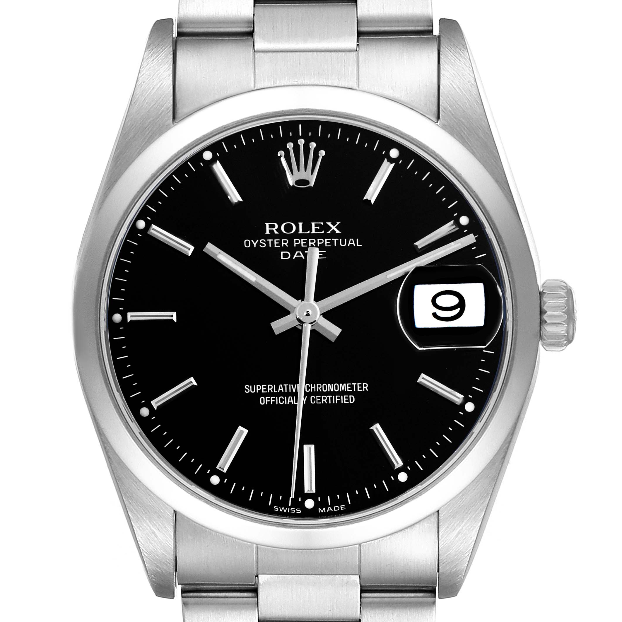 The image shows a front view of a Rolex Date 15200 Men
s Stainless Steel Black Dial 15200 Men
s Stainless Steel Black Dial model watch, displaying the dial, hands, date window, and bracelet.