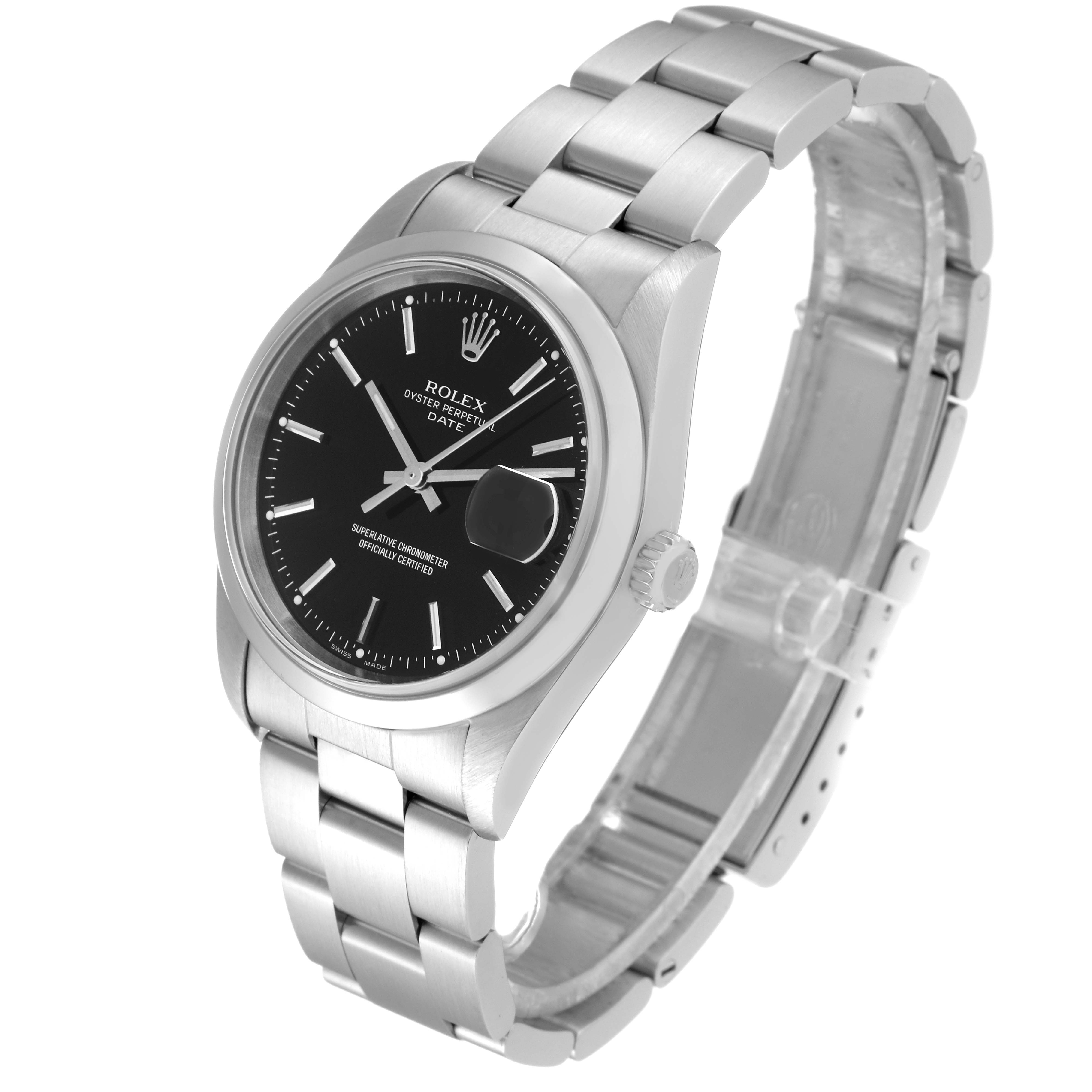 The image shows a side angle of a Rolex Oyster Perpetual Date watch, highlighting its black dial, steel case, and bracelet.