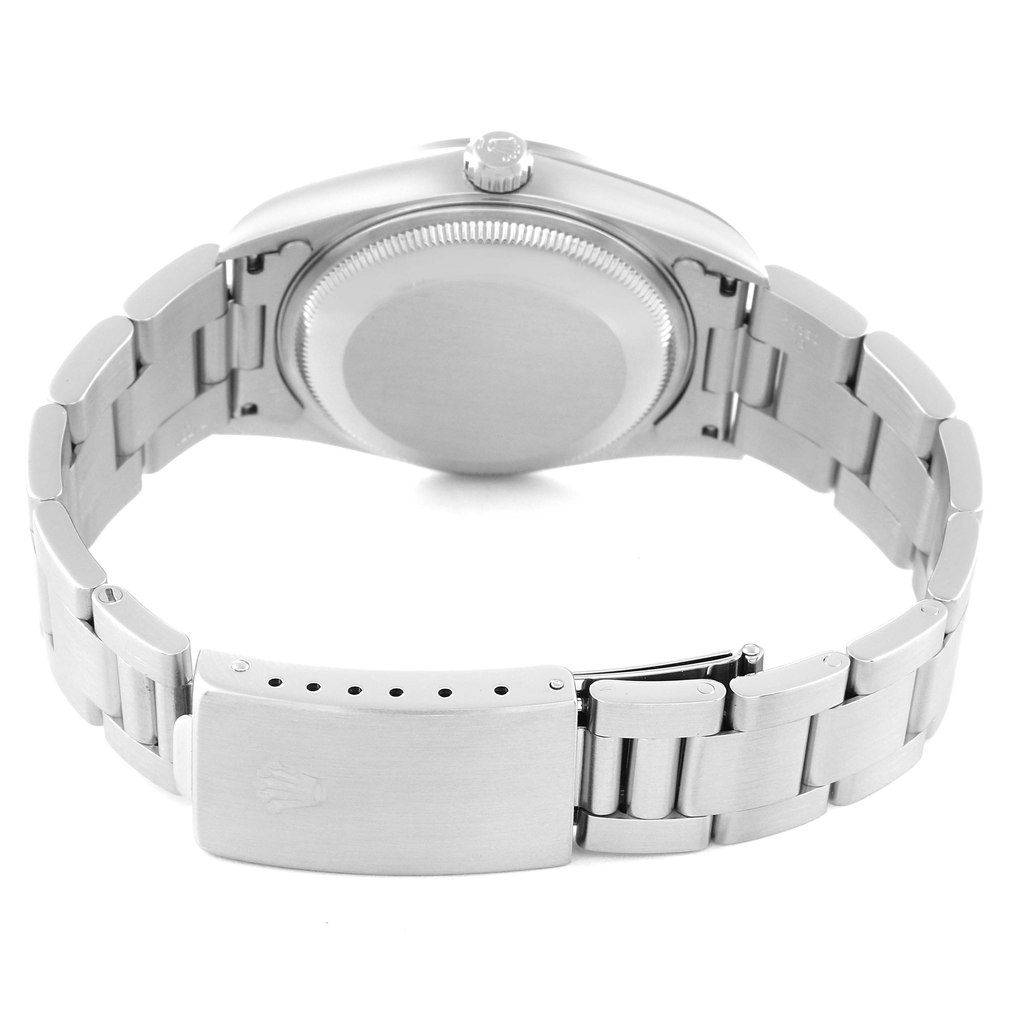 The image shows the back view of a Rolex Date 15200 Men
s Stainless Steel Black Dial 15200 Men
s Stainless Steel Black Dial model watch, highlighting the case back, bracelet, clasp, and crown.